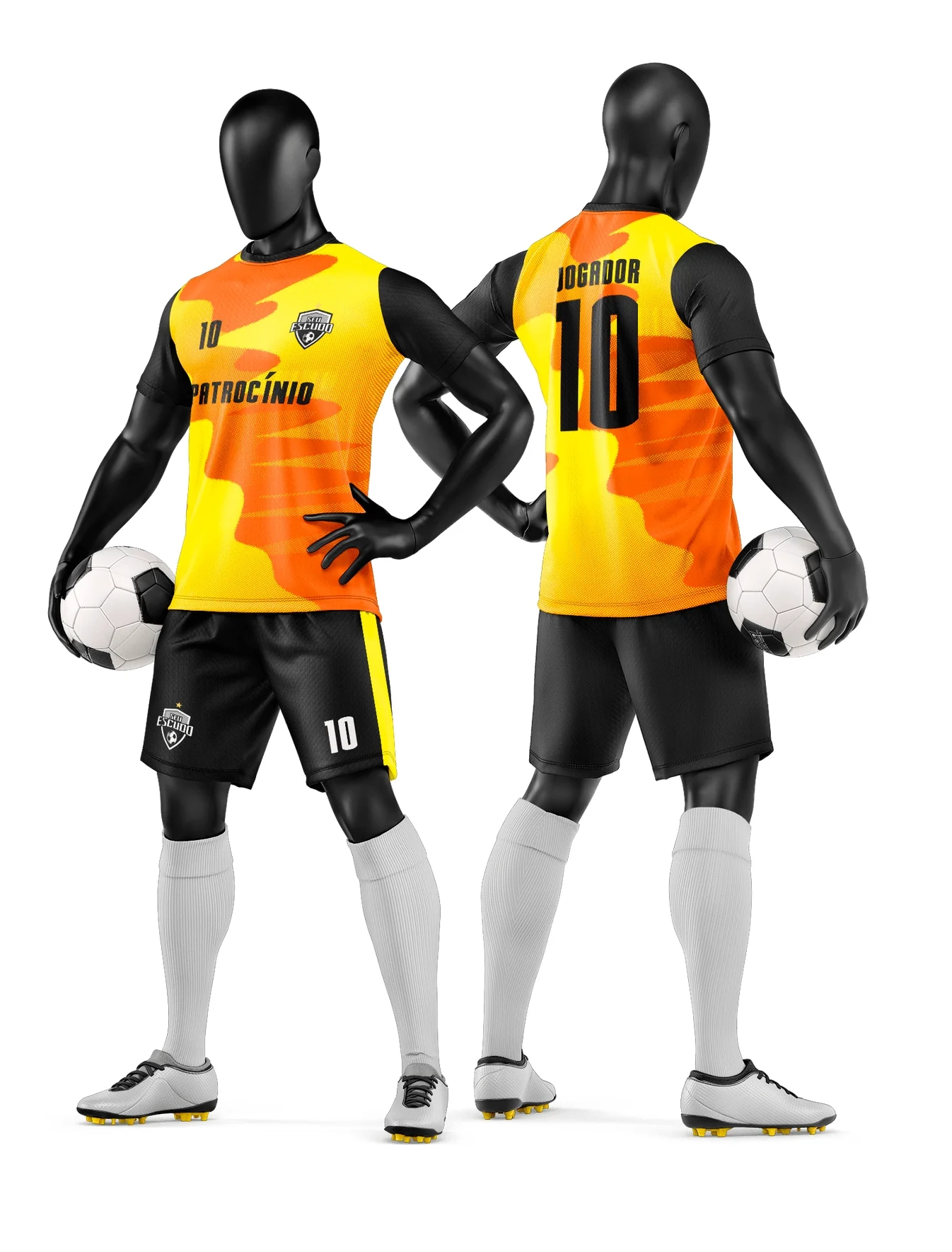 Camiseta unissex branca com logo no peito e estampa grande nas costas, tema time de futebol amador, estilo moderno e confortável para partidas e treinos.