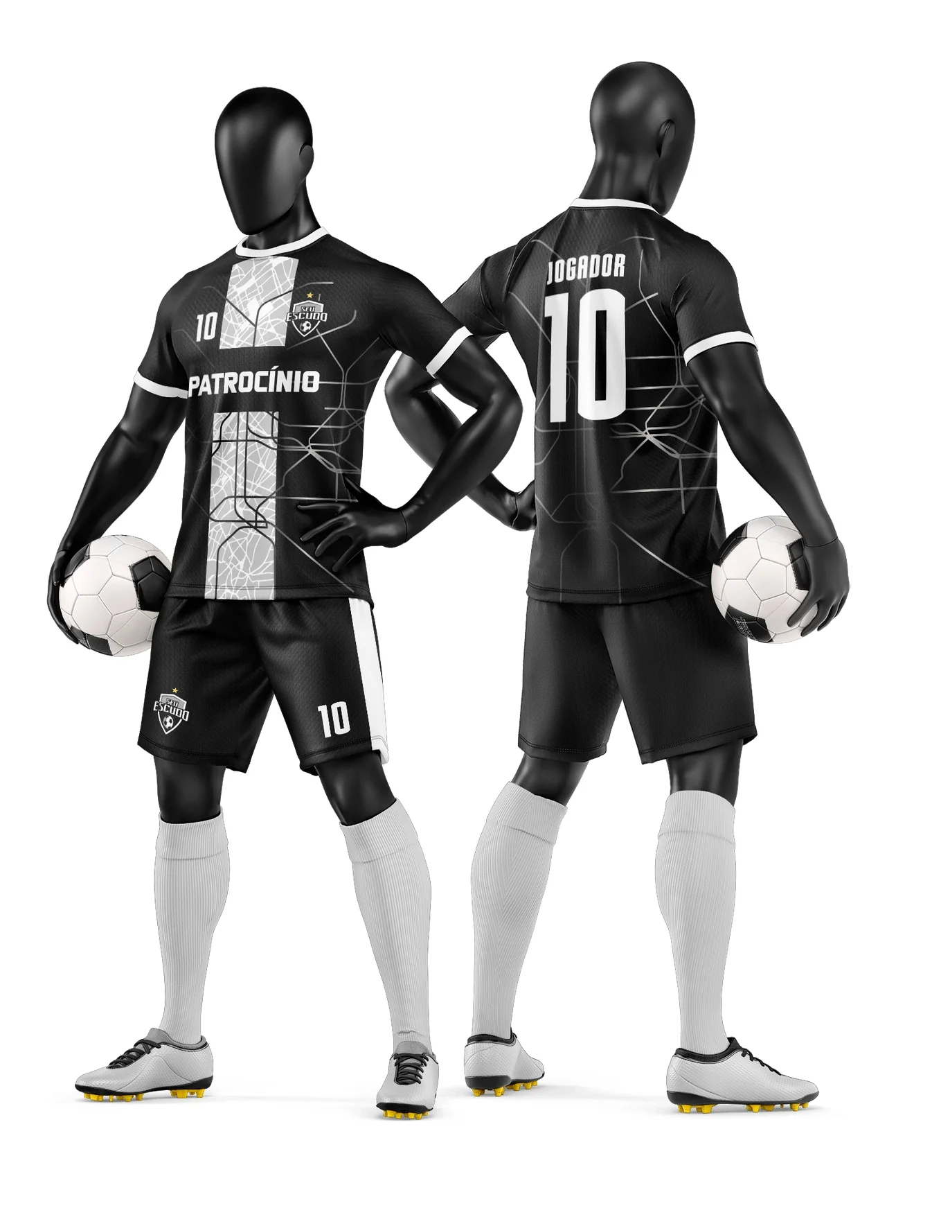 Camiseta unissex branca com logo no peito e estampa grande nas costas representando time de futebol amador, ideal para partidas e treinos com design moderno e cores vibrantes.