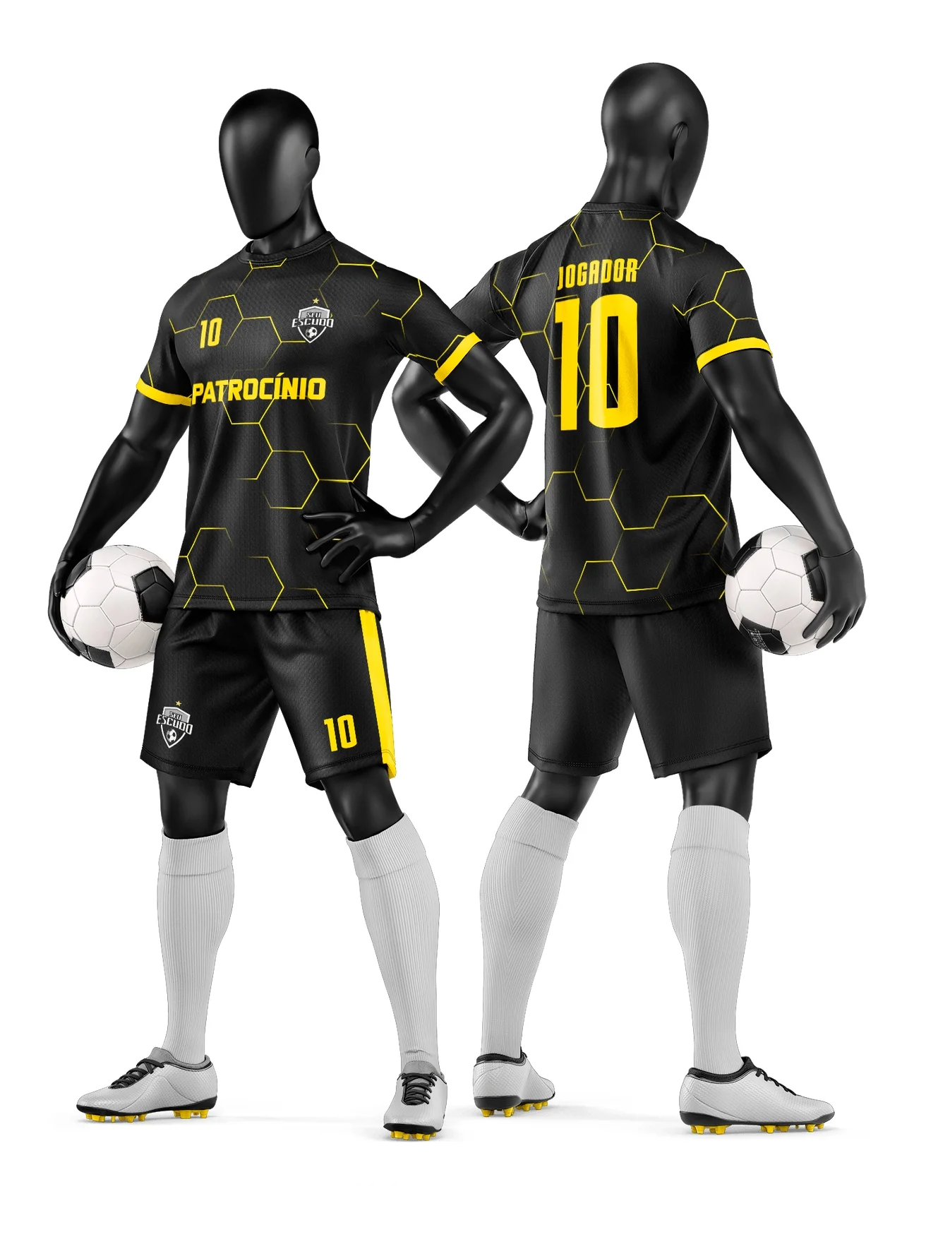 Camiseta unissex branca com logo no peito e estampa grande nas costas, modelo de camisa e short para time de futebol amador, visual esportivo e moderno.