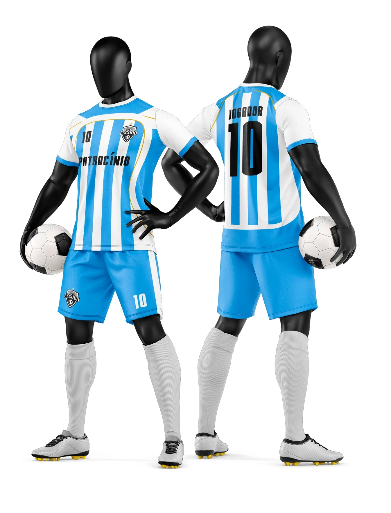 Camiseta unissex preta com logo no peito e estampa grande nas costas, tema camisa e short de time de futebol amador, design moderno e esportivo.