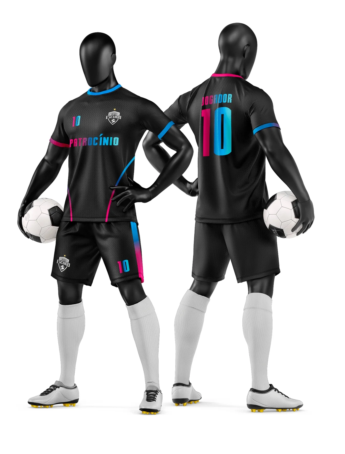 Camiseta unissex branca com logo no peito e estampa grande nas costas, tema camisa e short de time de futebol amador, ideal para torcida e jogadores, visual moderno e esportivo