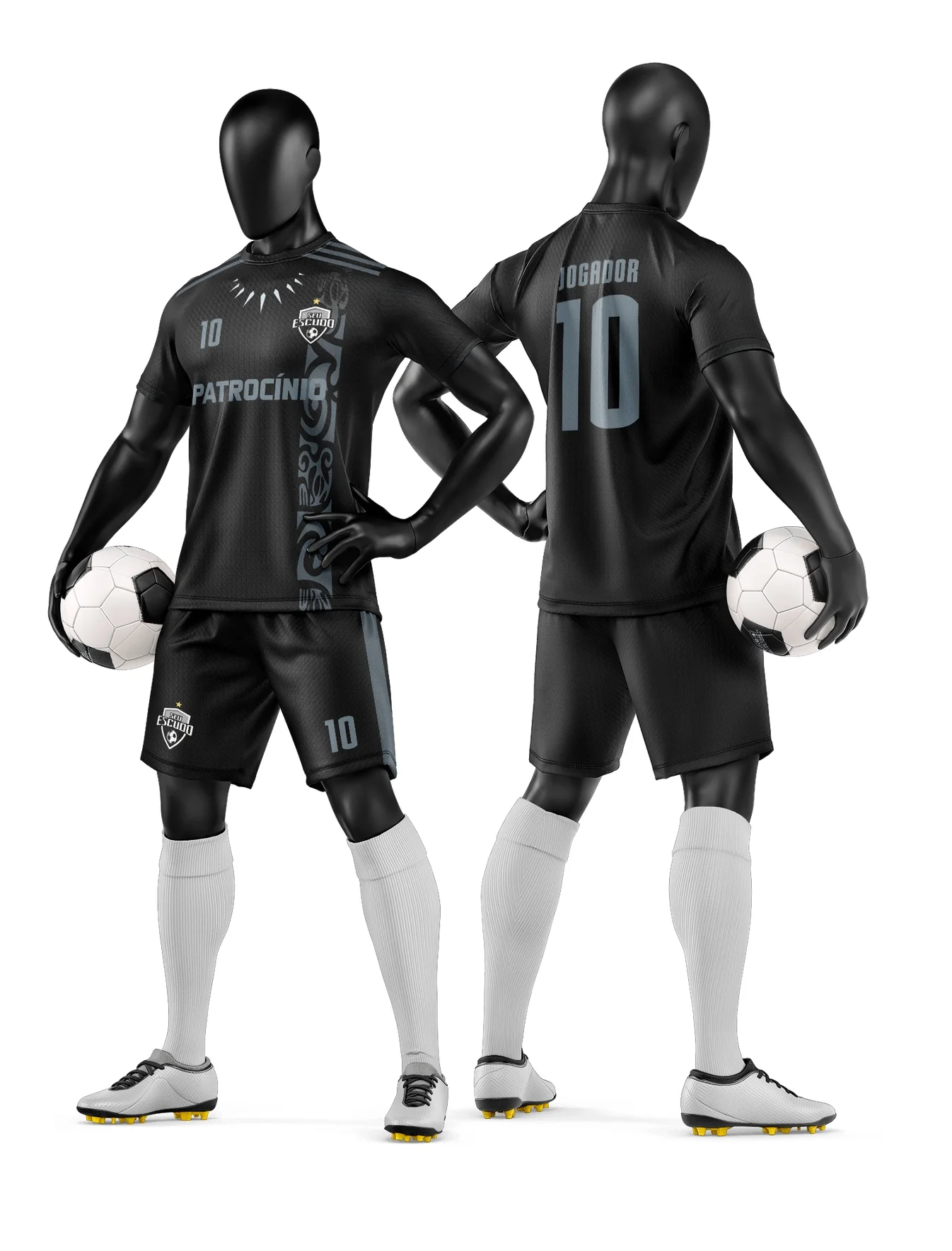 Foto da camiseta preta unissex com logo no peito e estampa grande nas costas, tema Camisa e Short de Time de Futebol Amador, ideal para torcida e jogadores.