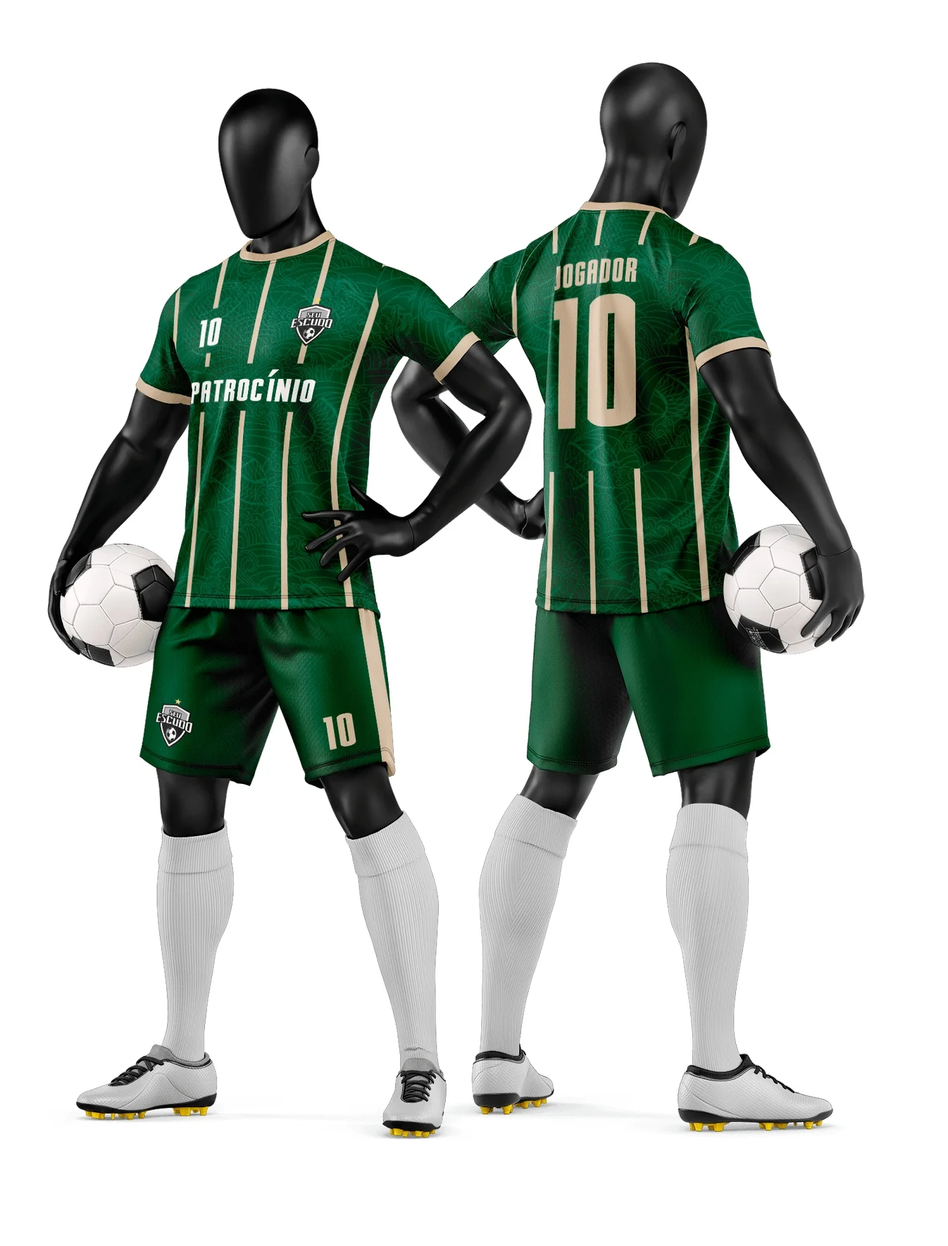 Foto de camiseta unissex preta com logo no peito e estampa grande nas costas com tema de camisa e short de time de futebol amador, ideal para torcedores e jogadores.