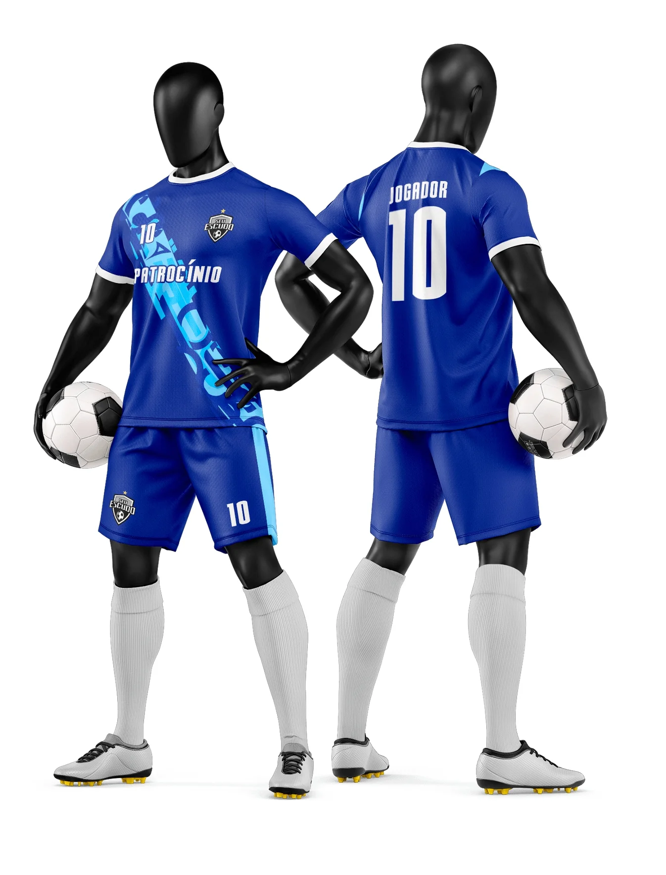 Camiseta unissex preta com logo no peito e estampa grande nas costas, visual retrô de camisa e short de time de futebol amador, perfeita para torcedores e equipes locais.