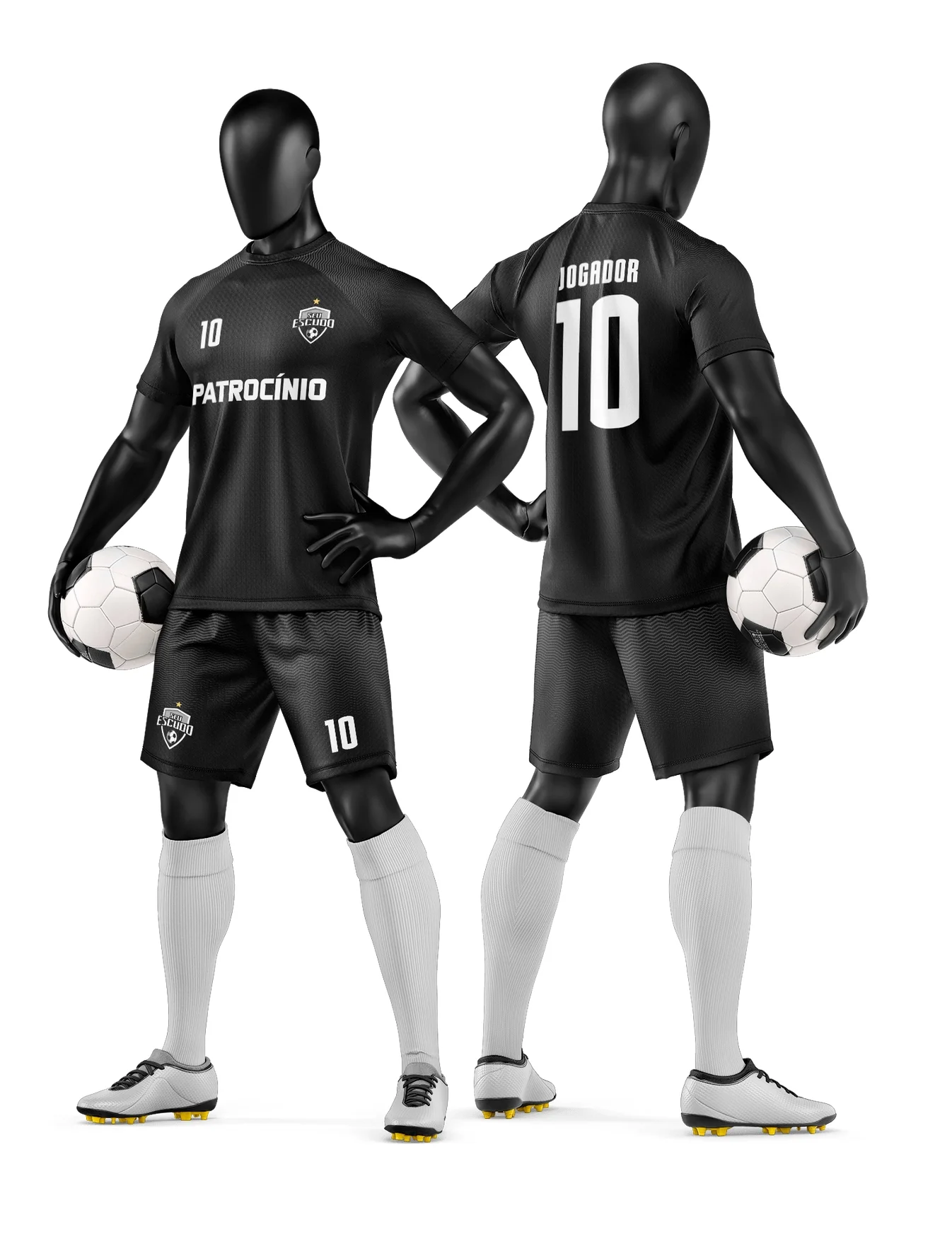 Camiseta unissex preta com logo no peito e estampa grande nas costas, temática de time de futebol amador, ideal para treinamentos e jogos informais.