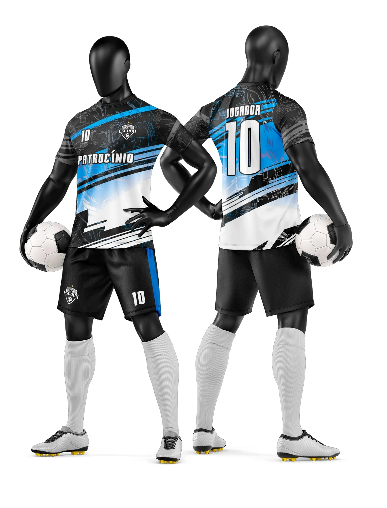 Camiseta unissex branca com logo no peito e estampa grande nas costas de time de futebol amador, ideal para jogos e confraternizações esportivas.