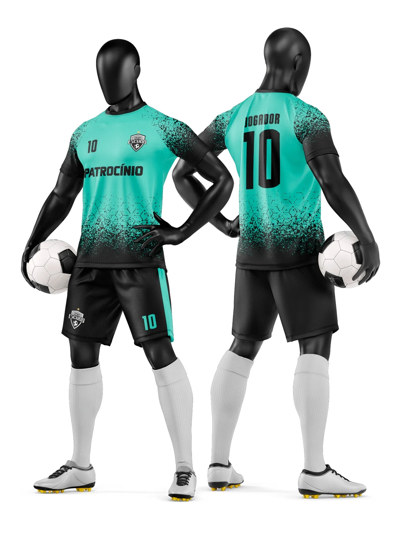 Camiseta unissex preta com logo no peito e estampa grande nas costas, tema de time de futebol amador, visual moderno e esportivo.