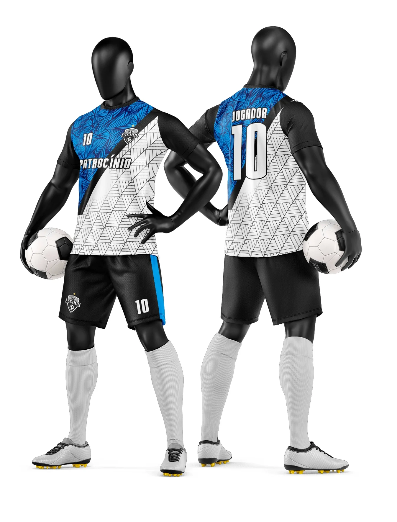 Camiseta unissex com cor base preta, logo no peito e estampa grande nas costas com tema de time de futebol amador, ideal para uso em jogos e treinos.