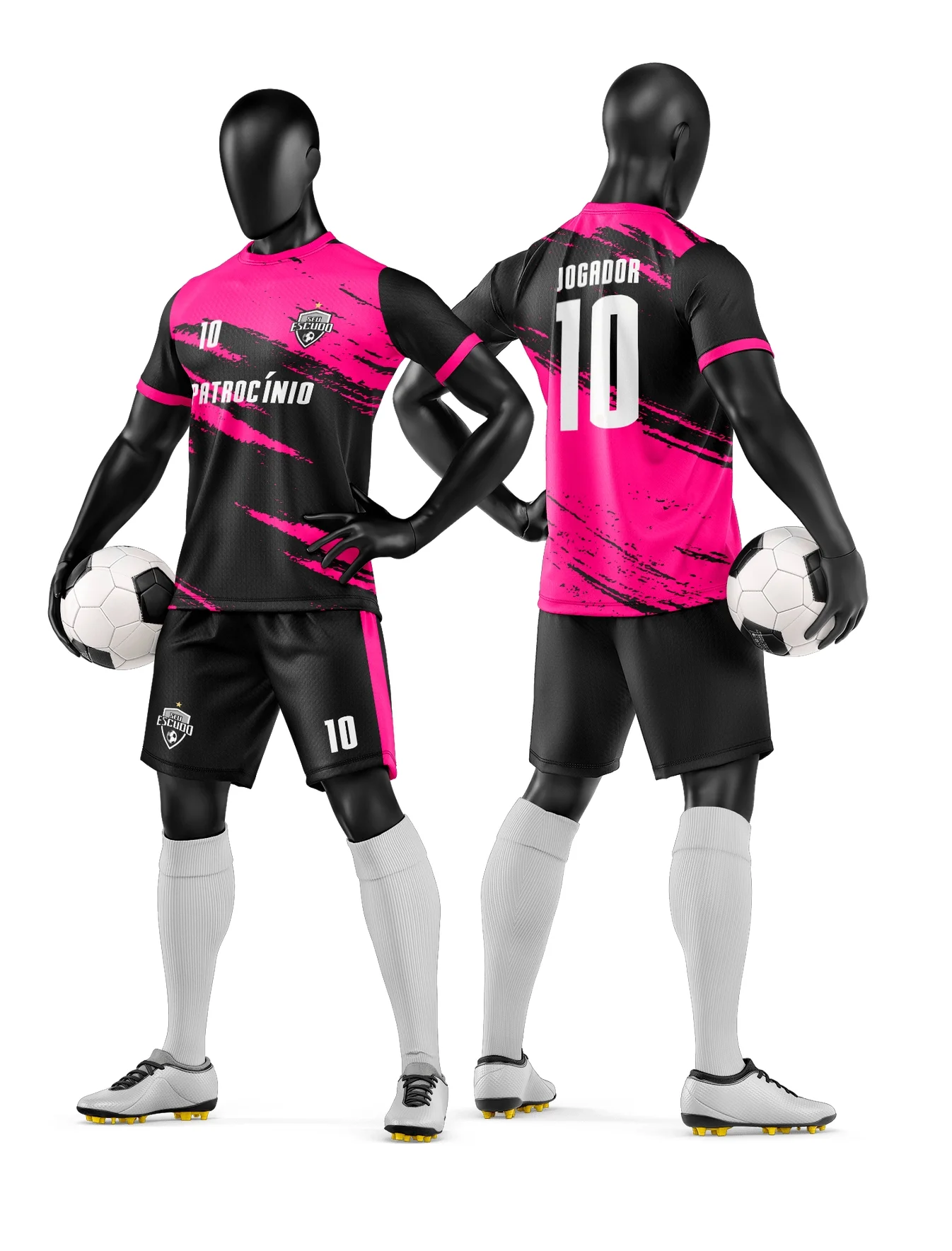 Camiseta unissex branca com logo no peito e estampa grande nas costas, tema de camisa e short de time de futebol amador, ideal para equipes esportivas.