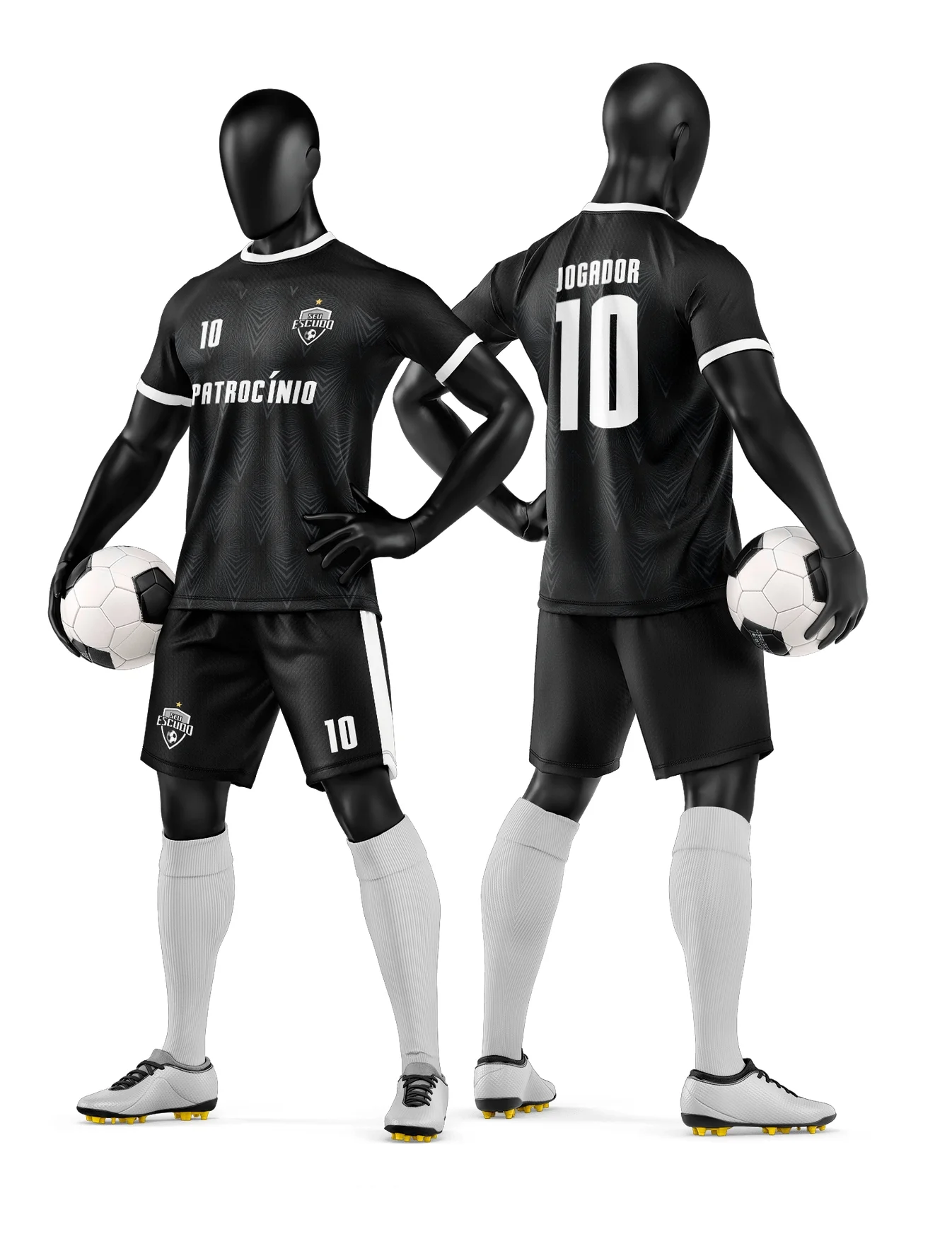 Camiseta unissex preta com logo no peito e estampa grande nas costas, tema de time de futebol amador, visual moderno e arrojado para torcedores e jogadores.