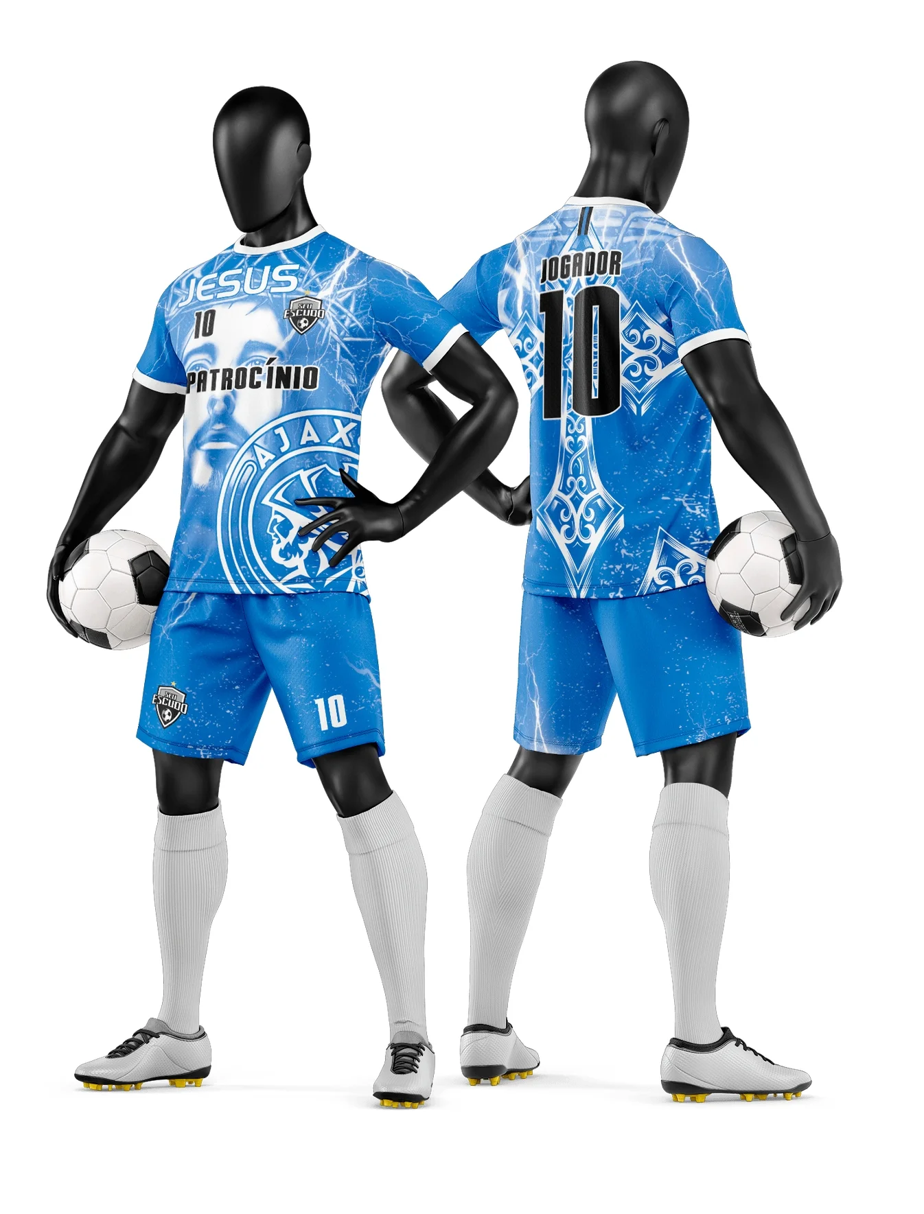 Camiseta unissex preta com logo no peito e estampa grande nas costas mostrando tema de time de futebol amador, ideal para partidas e treinos informais