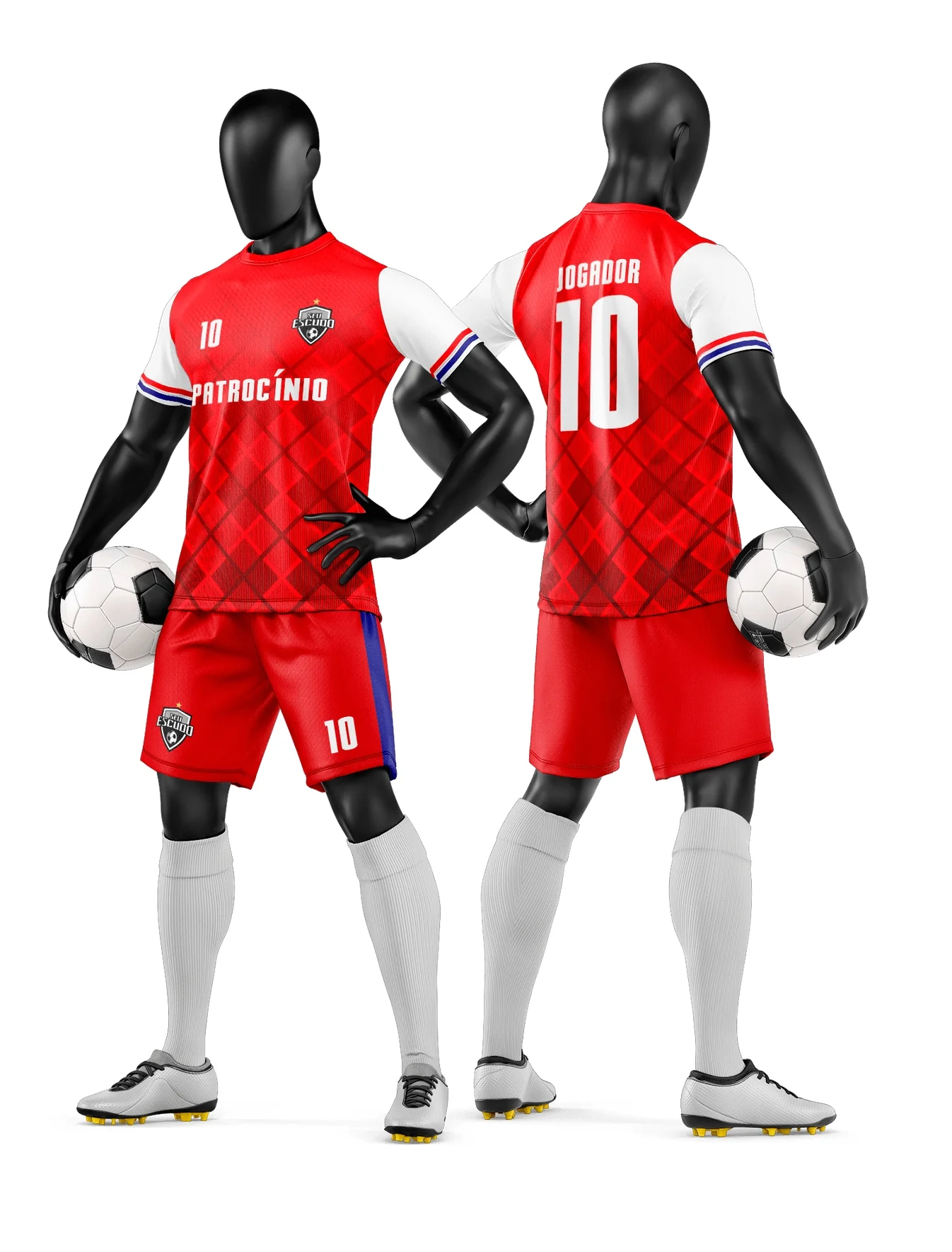 Camiseta preta unissex com logo no peito e estampa grande nas costas representando camisa e short de time de futebol amador em design esportivo e moderno.