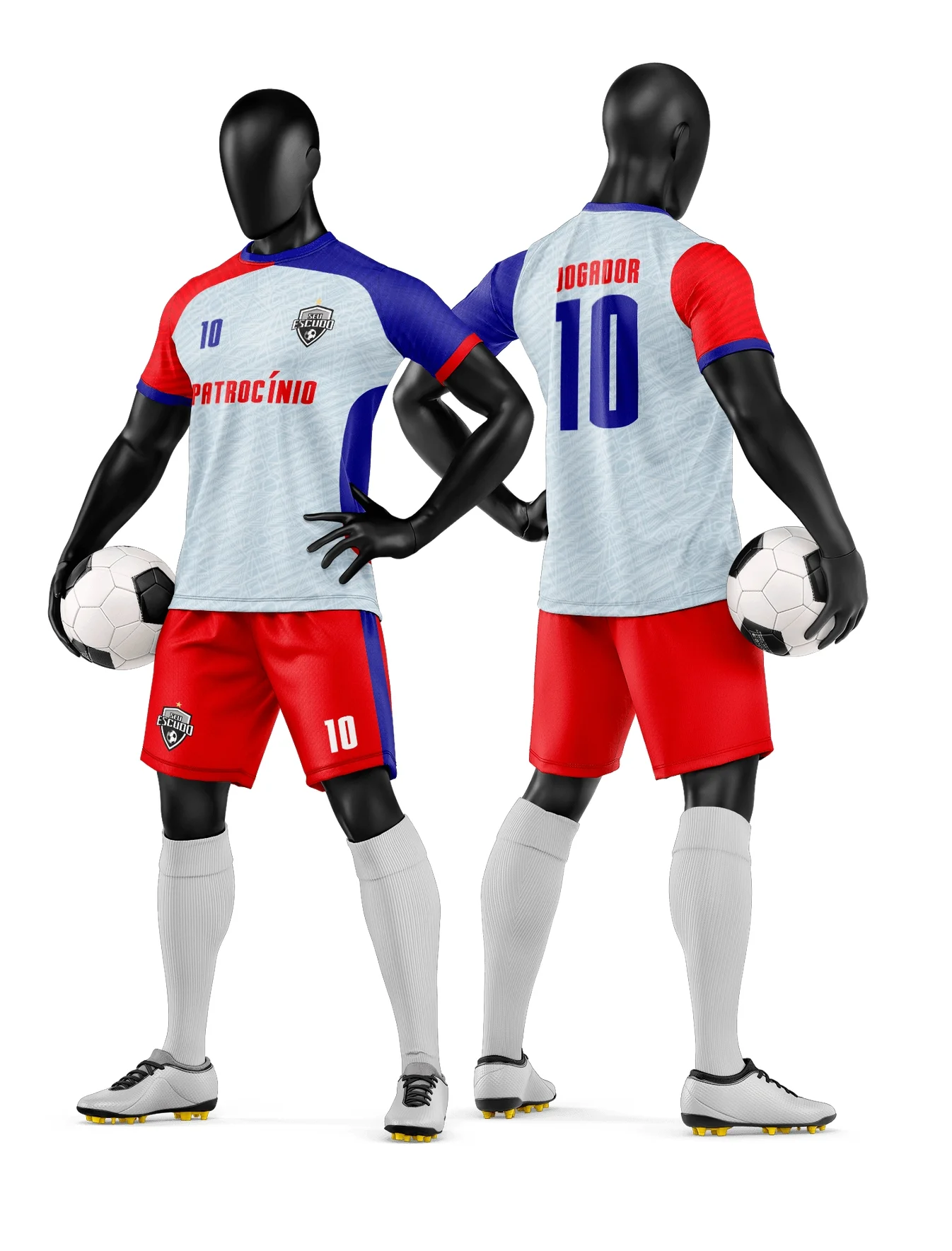 Camiseta unissex preta com logo no peito e estampa grande nas costas, tema camisa e short de time de futebol amador, ideal para torcidas e jogadores amadores