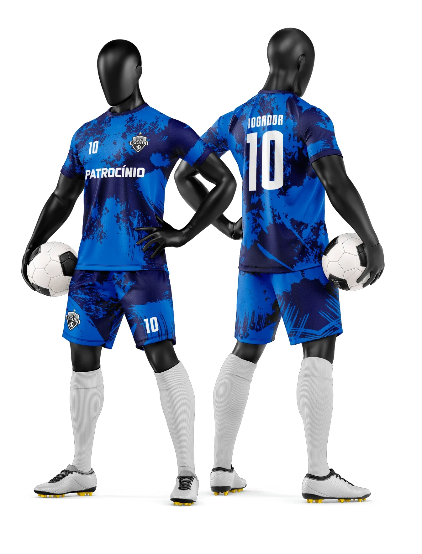 Camiseta unissex com cor base branca, logo no peito e estampa grande nas costas, inspirada em design para time de futebol amador, perfeita para jogos e treinamentos