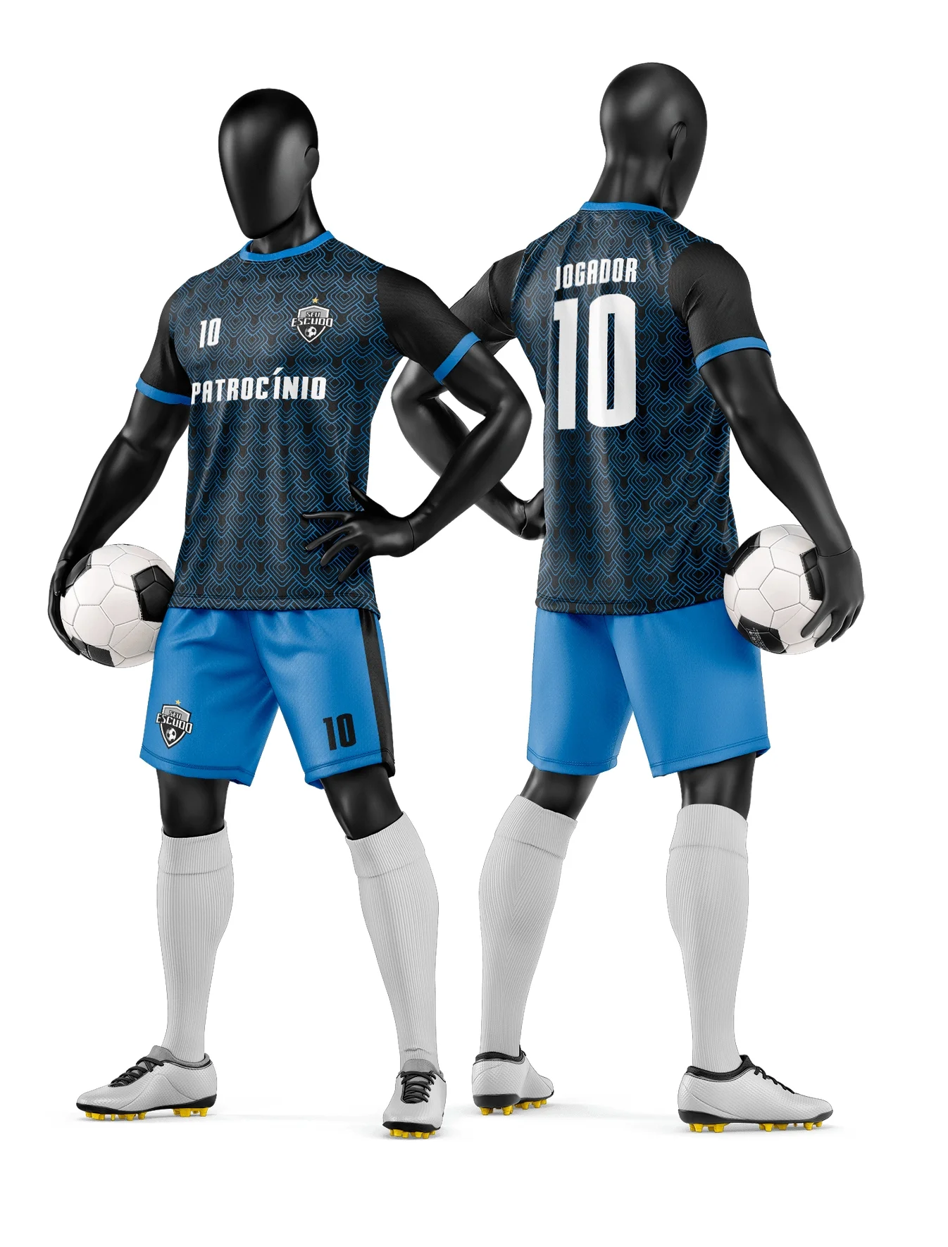 Camiseta unissex preta com logo no peito e estampa grande nas costas com tema de time de futebol amador, ideal para atletas e fãs do esporte.