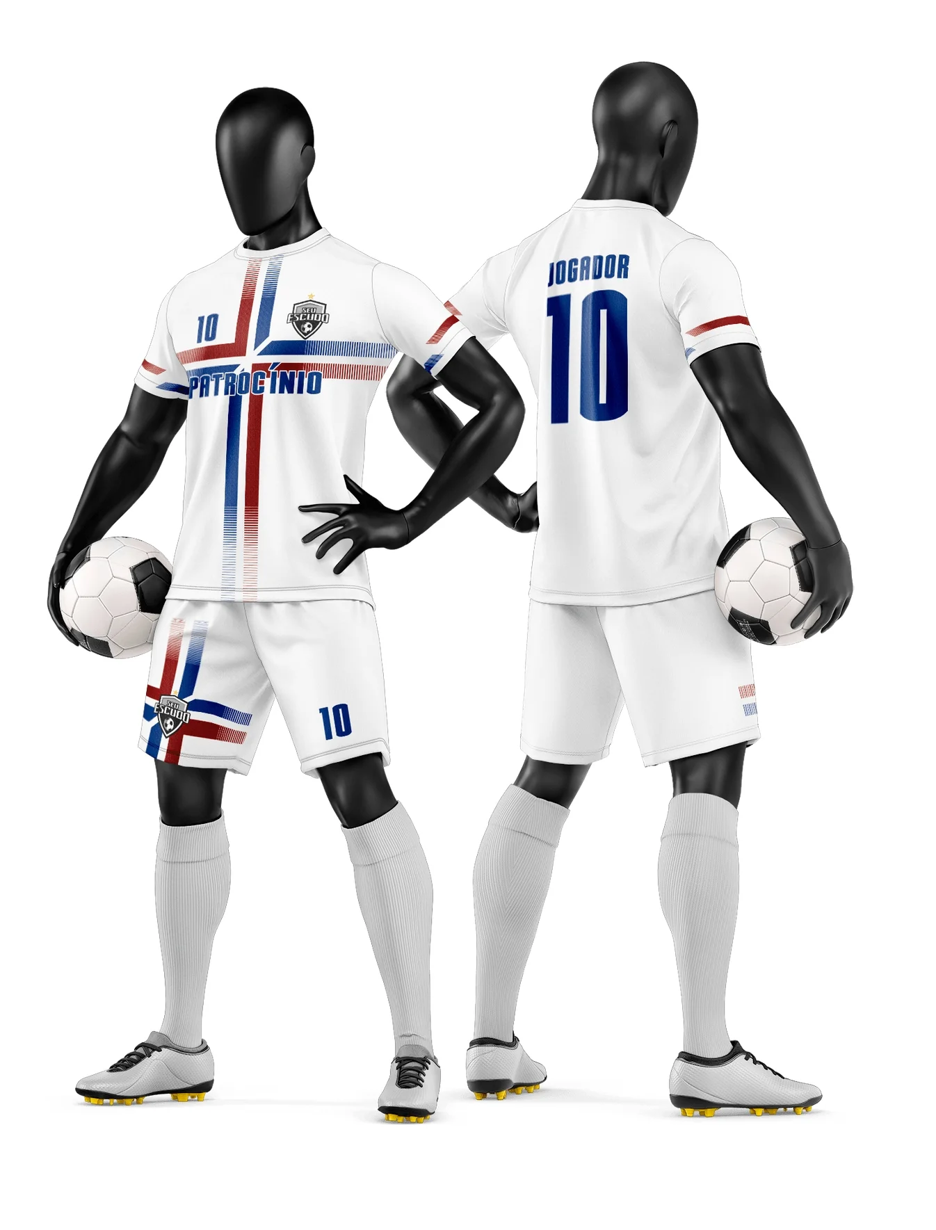 Camisa masculina unissex preta com logo no peito e estampa grande nas costas, tema camisa e short de time de futebol amador, ideal para torcedores e times locais.