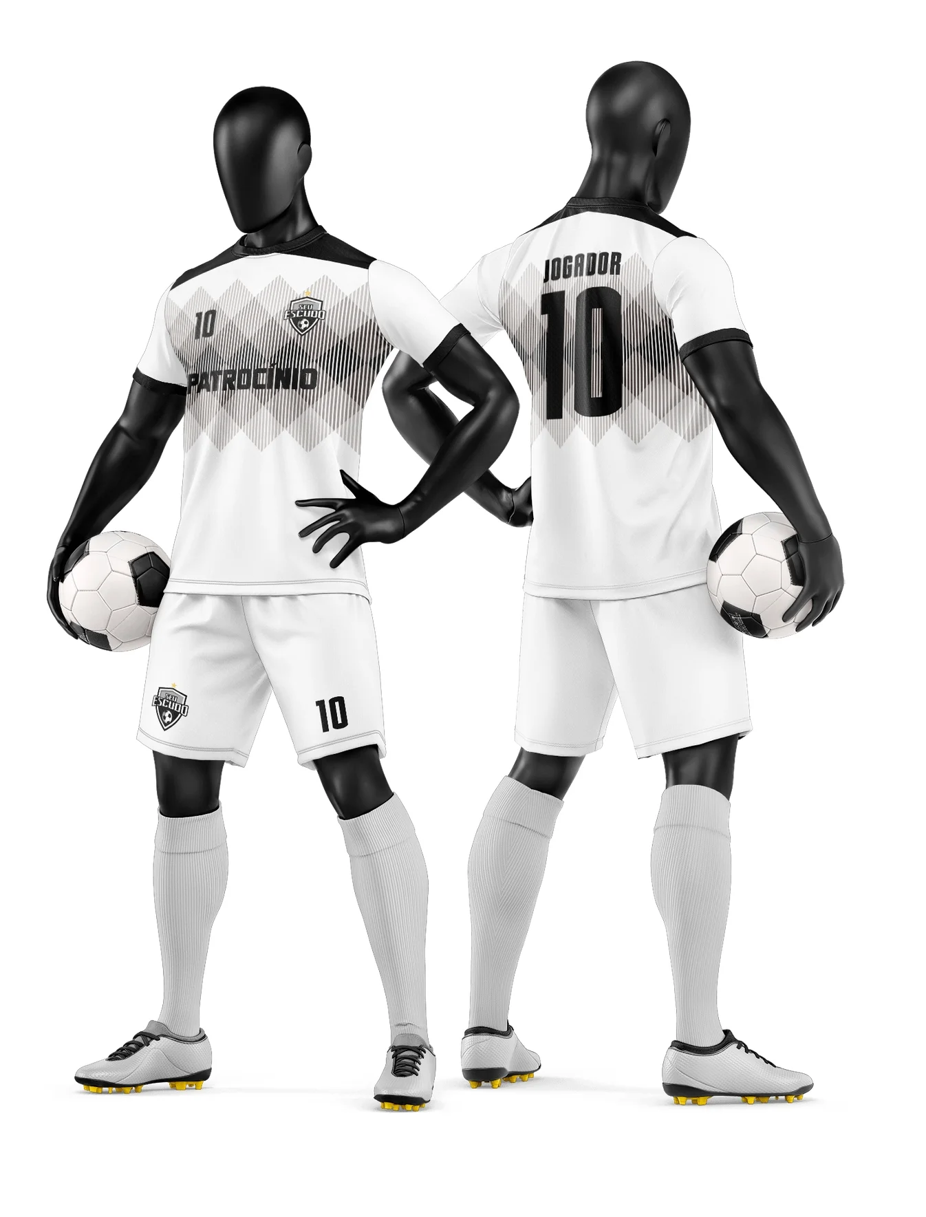 Camiseta unissex preta com logo no peito e estampa grande nas costas de time de futebol amador, perfeita para times que buscam identidade forte e visual marcante