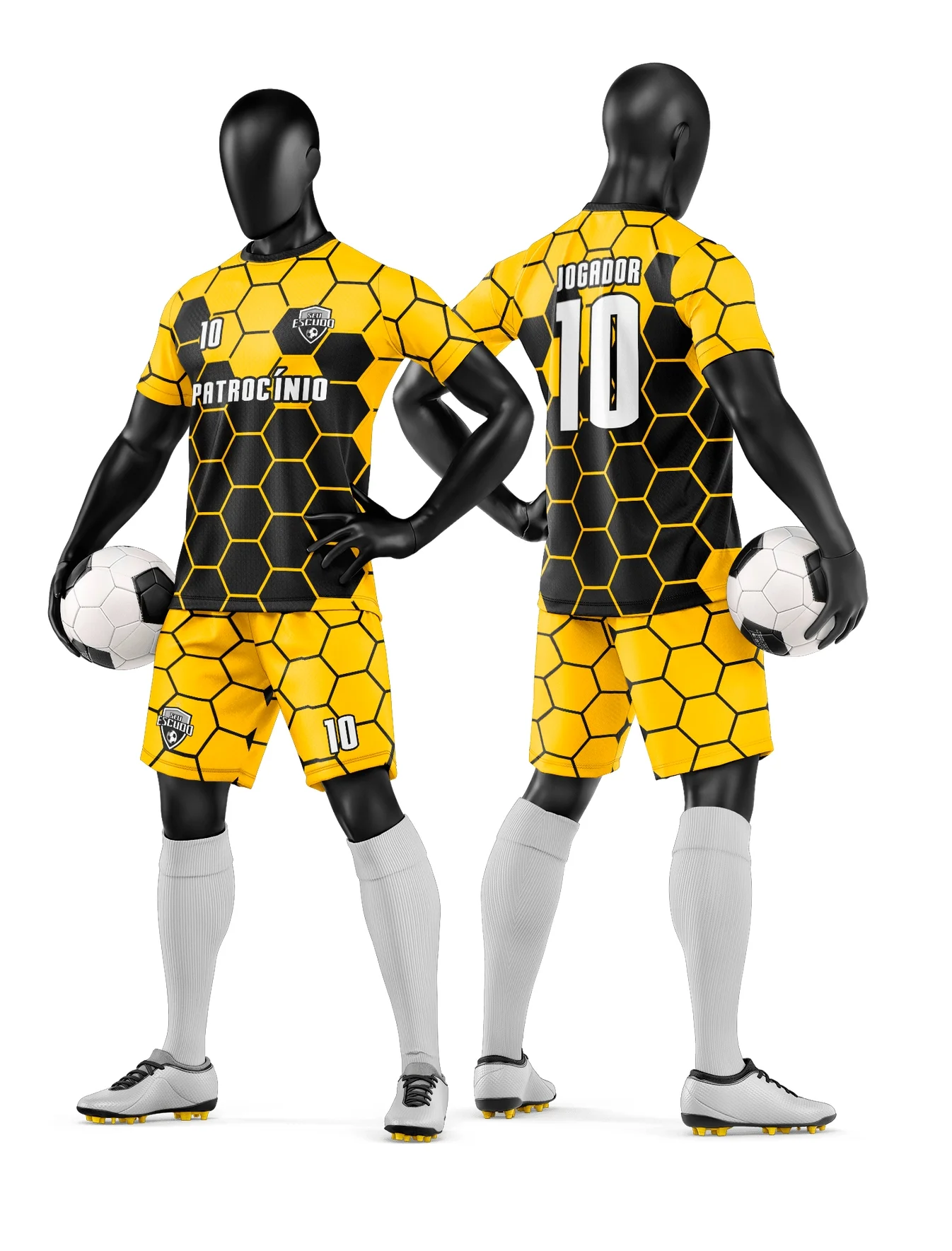 Camiseta unissex preta com logo no peito e estampa grande nas costas, tema de time de futebol amador, ideal para uniformes esportivos