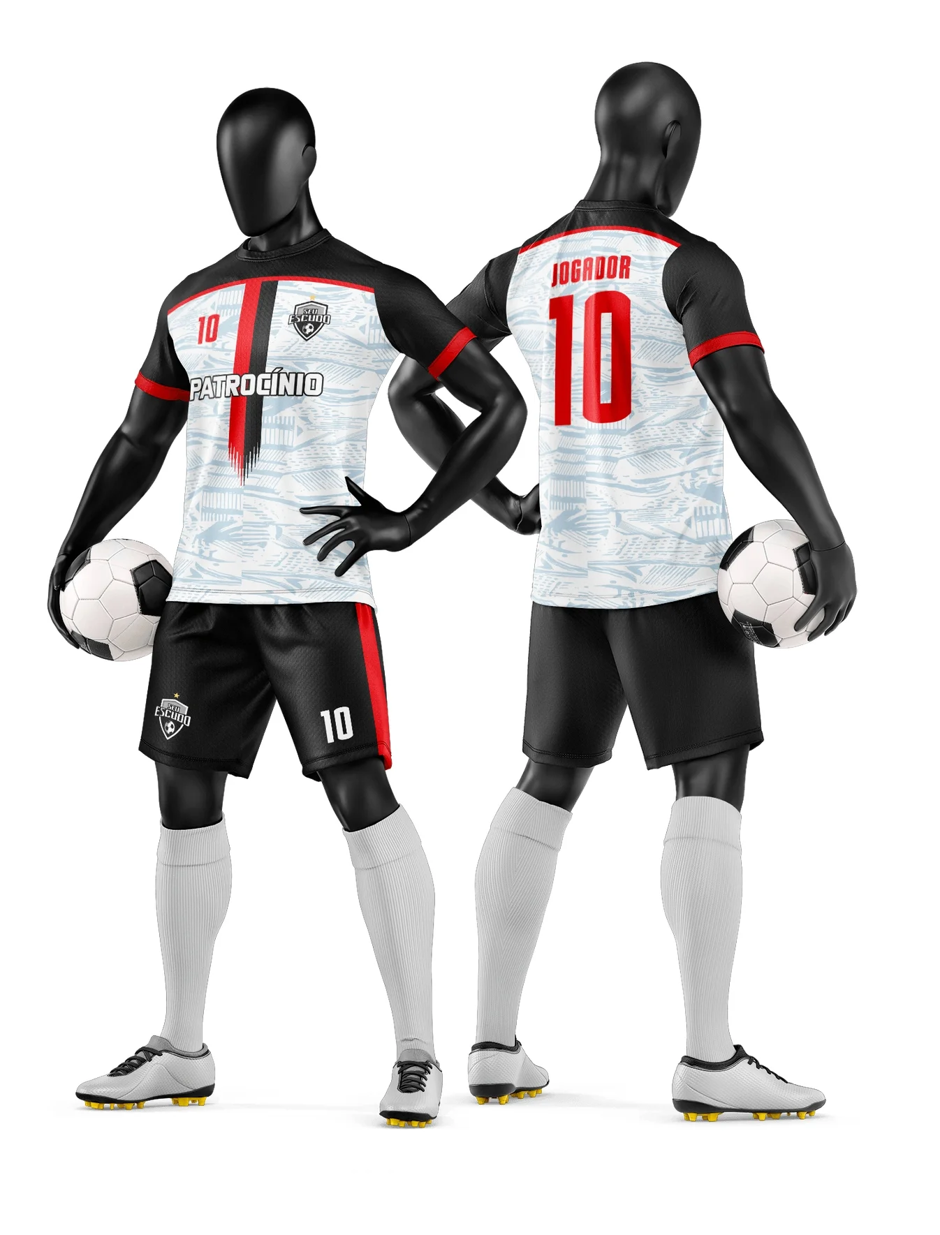 Camiseta unissex preta com logo no peito e estampa grande nas costas, estilo camisa e short para time de futebol amador com design moderno e esportivo.