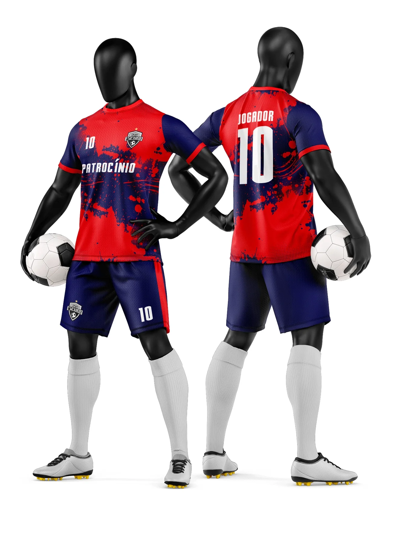 Camiseta unissex preta com logo no peito e estampa grande nas costas, tema camisa e short de time de futebol amador, ideal para torcedores e equipes locais.