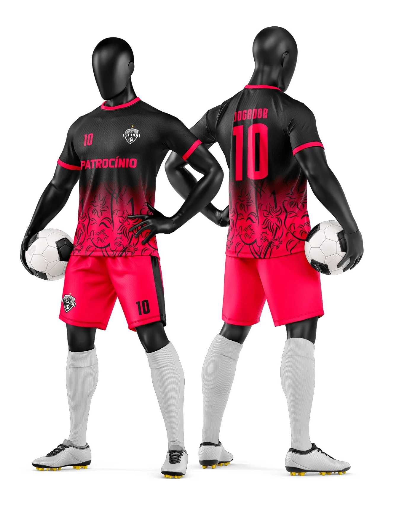 Camiseta unissex branca com logo no peito e estampa grande nas costas, tema camisa e short de time de futebol amador, perfeita para jogos e treinos.