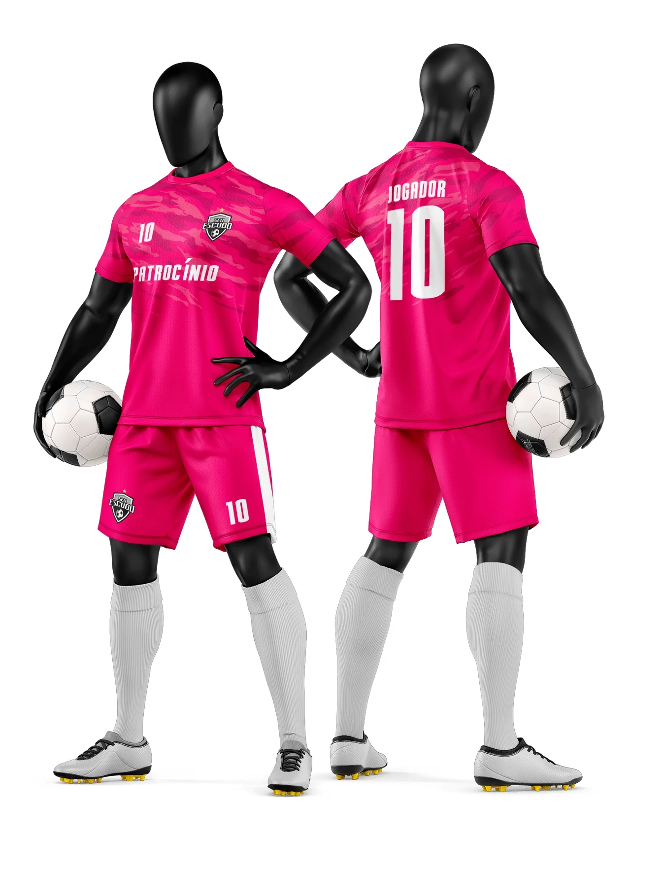 Foto de camiseta unissex preta com logo no peito e estampa grande nas costas, estilo time de futebol amador, com design moderno para uniformes esportivos.