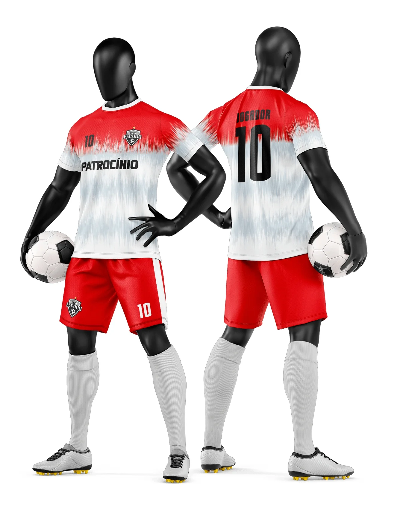 Camiseta preta unissex com logo no peito e estampa grande nas costas com tema de camisa e short de time de futebol amador, perfeita para jogos e treinos informais.