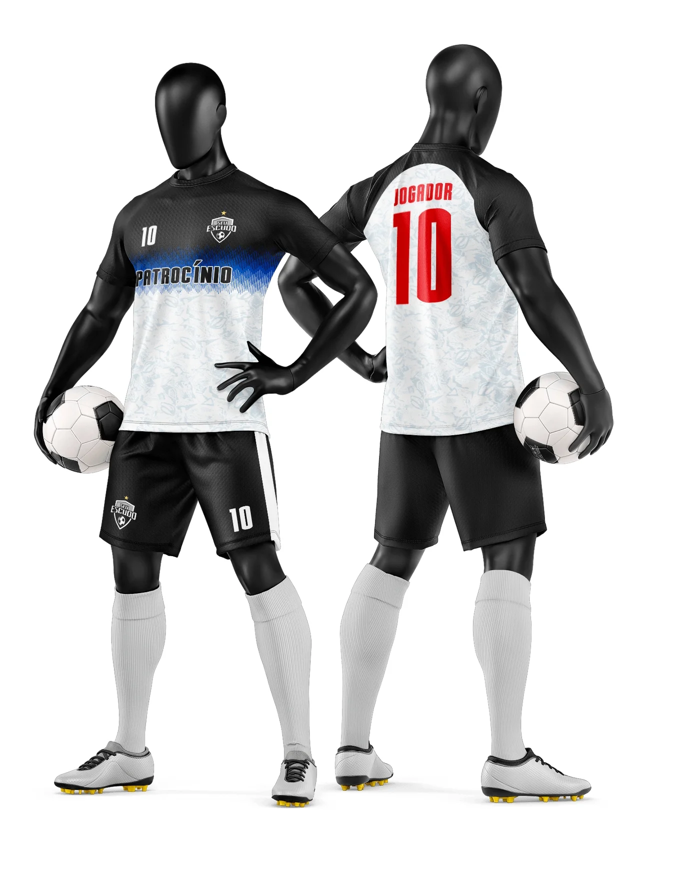 Camiseta unissex branca com logo no peito e estampa grande nas costas de time de futebol amador, ideal para uniforme completo com short combinando.