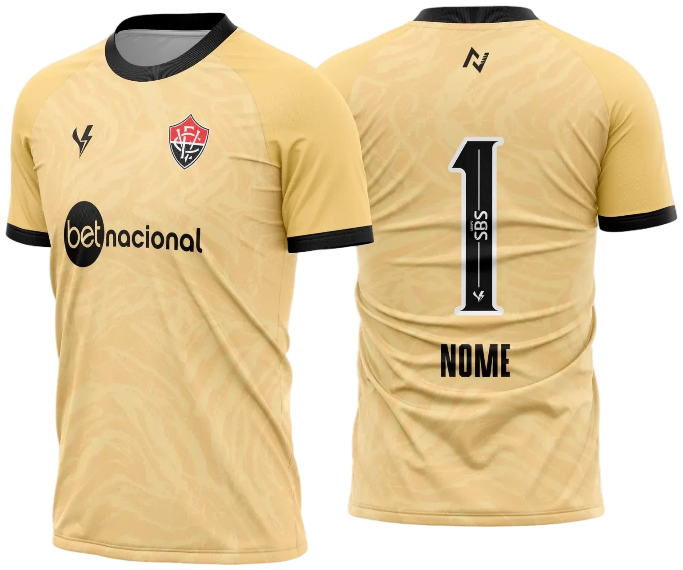 Camiseta unissex preta com logo no peito e estampa grande nas costas, retratando o goleiro do EC Vitória na temporada 2023-2024.