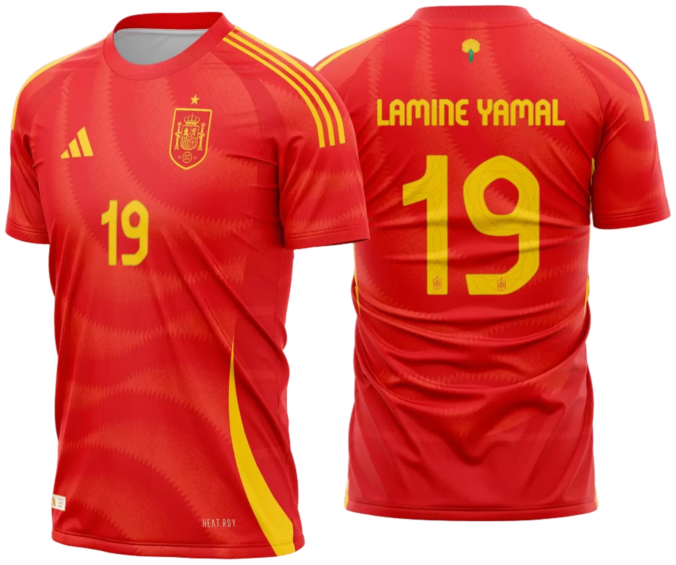 Camiseta unissex branca com logo no peito e estampa grande nas costas mostrando o design da camisa Espanha titular 2024 2025, estilo moderno e esportivo para fãs e colecionadores