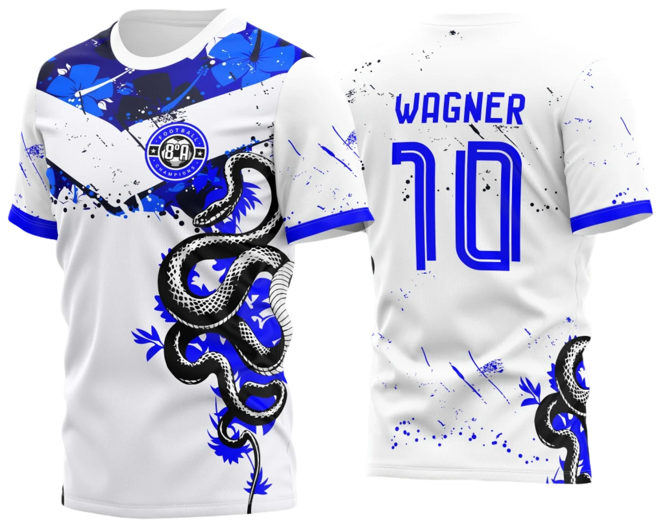 Camiseta unissex preta com logo no peito e estampa grande nas costas de cobra em estilo floral azul, perfeita para destaque em eventos ou uso casual.