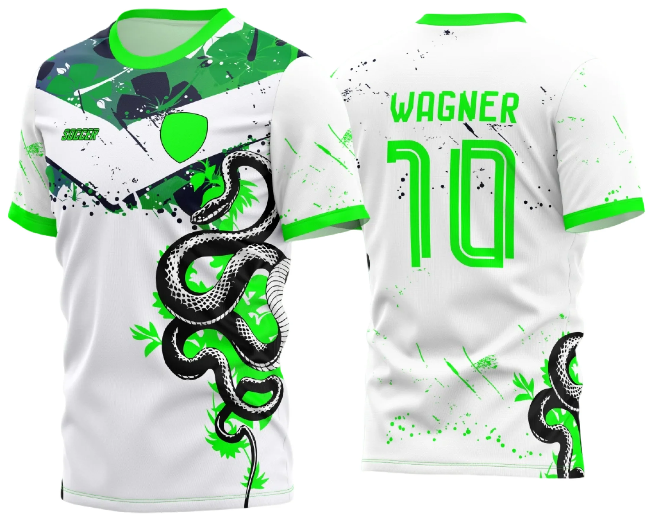 Camiseta unissex preta com logo no peito e estampa grande nas costas mostrando floral com cobra no tema InterClasse 2023, estilo marcante e moderno.