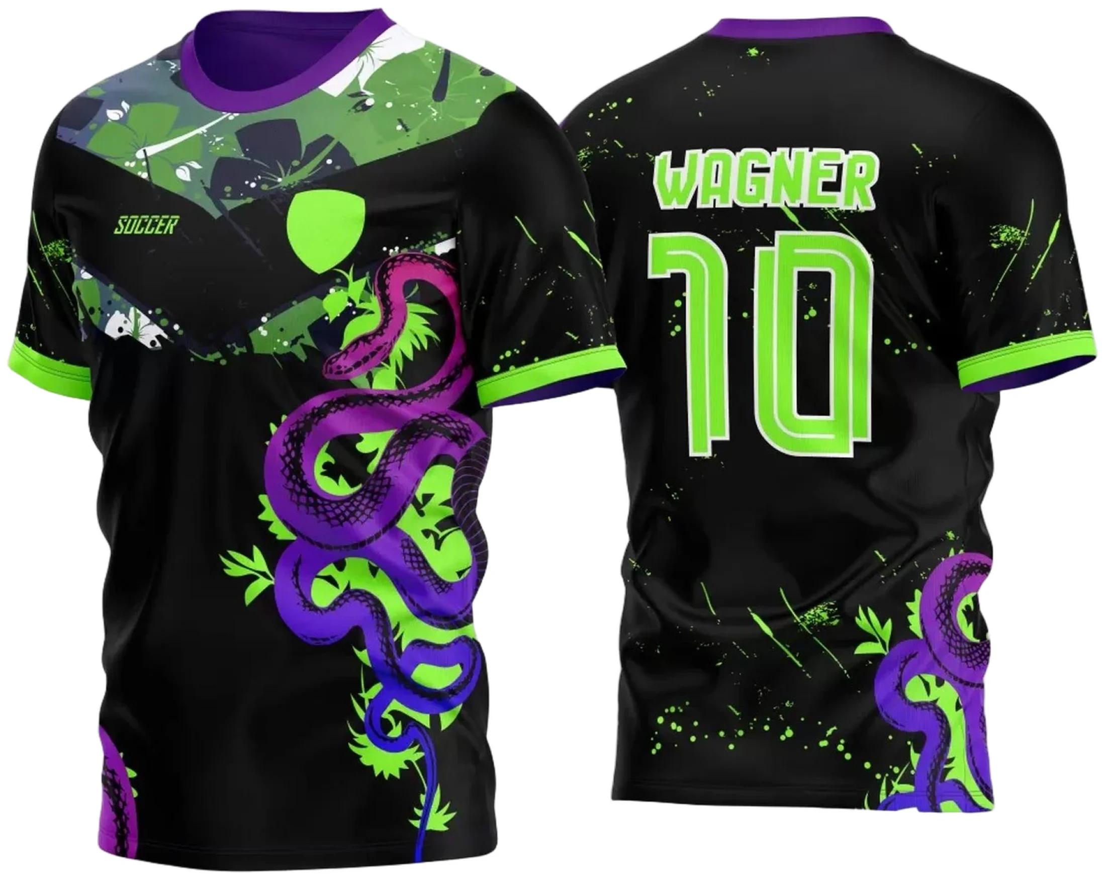 Camiseta unissex preta com logo no peito e estampa grande nas costas mostrando design floral com cobra, ideal para estilo moderno e urbano.