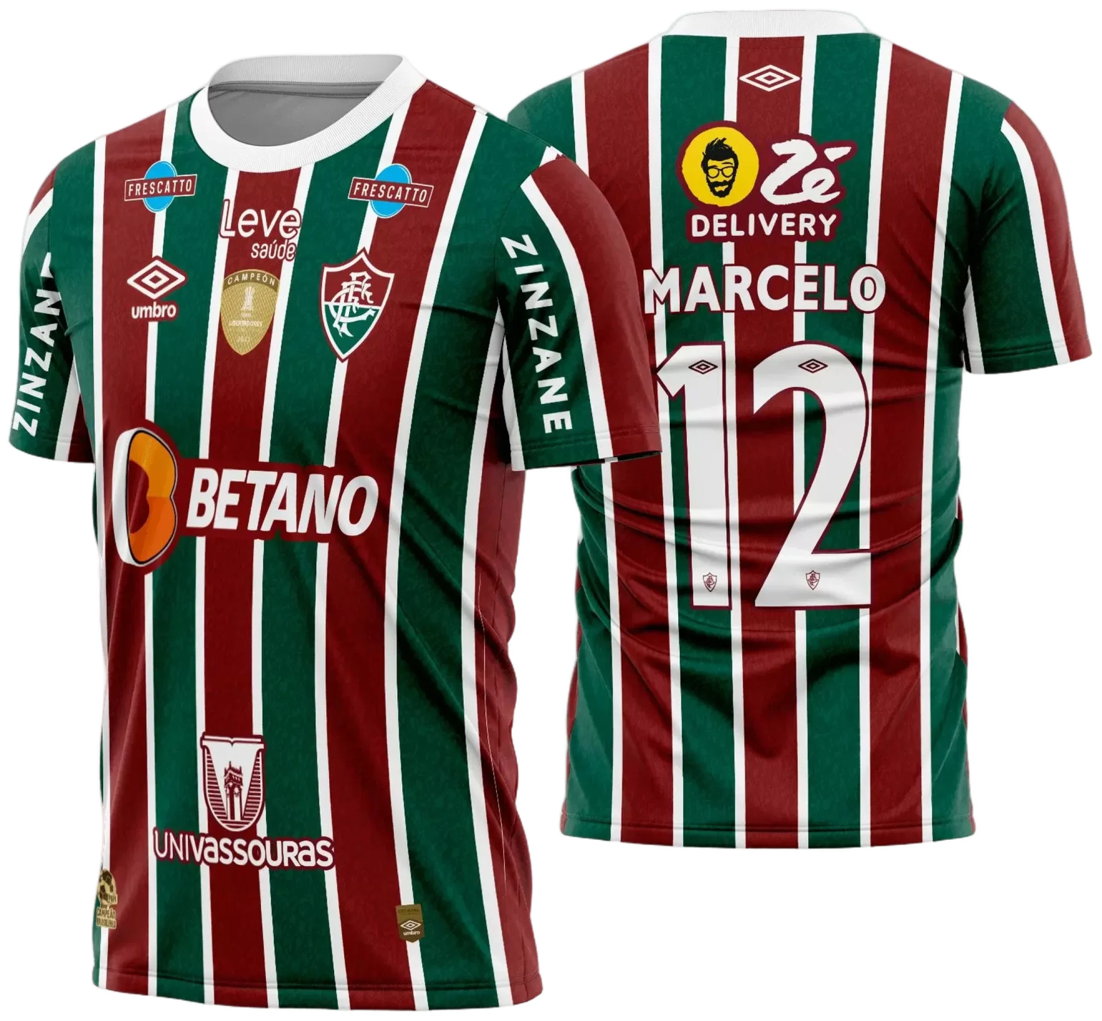Camiseta unissex com base preta, logo no peito e estampa grande nas costas do Fluminense Titular 2024-2025, ideal para torcer com estilo e paixão.