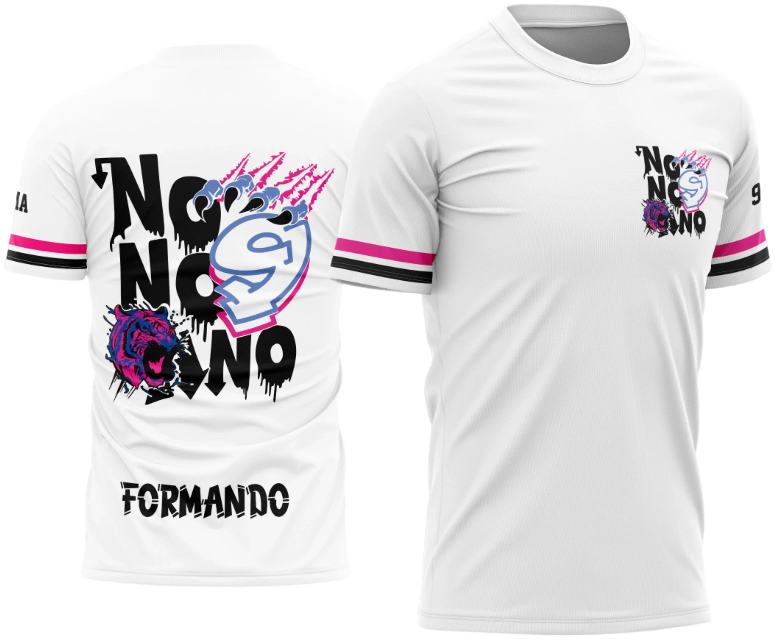 Camiseta unissex branca com logo no peito e estampa grande nas costas com tema Camisa Formandos Nono Ano Tigre Azul e Rosa, design vibrante em azul e rosa para estudantes do nono ano.