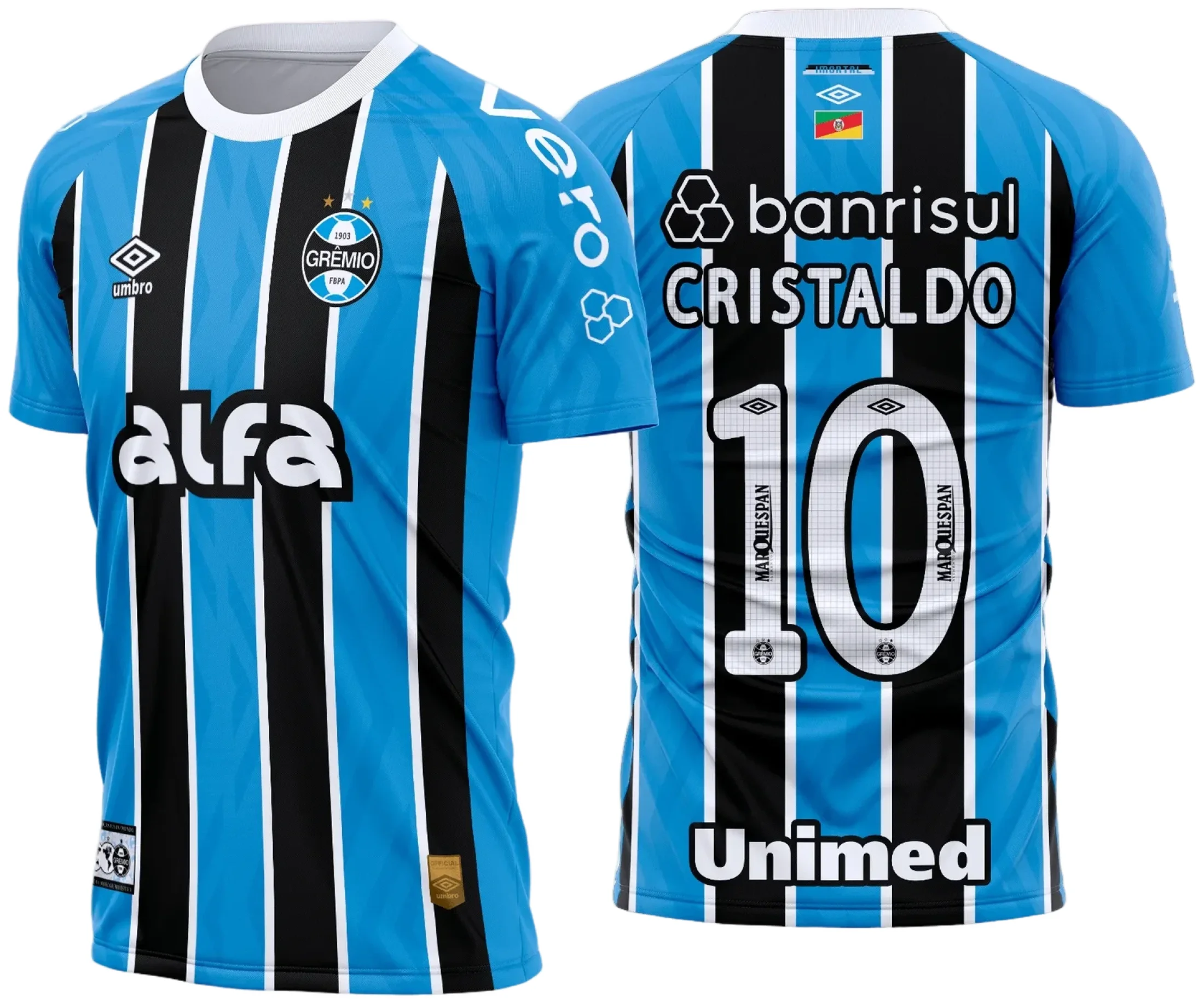 Camisa preta unissex com logo do Grêmio no peito e estampa grande nas costas da camisa titular 2025 - 2026