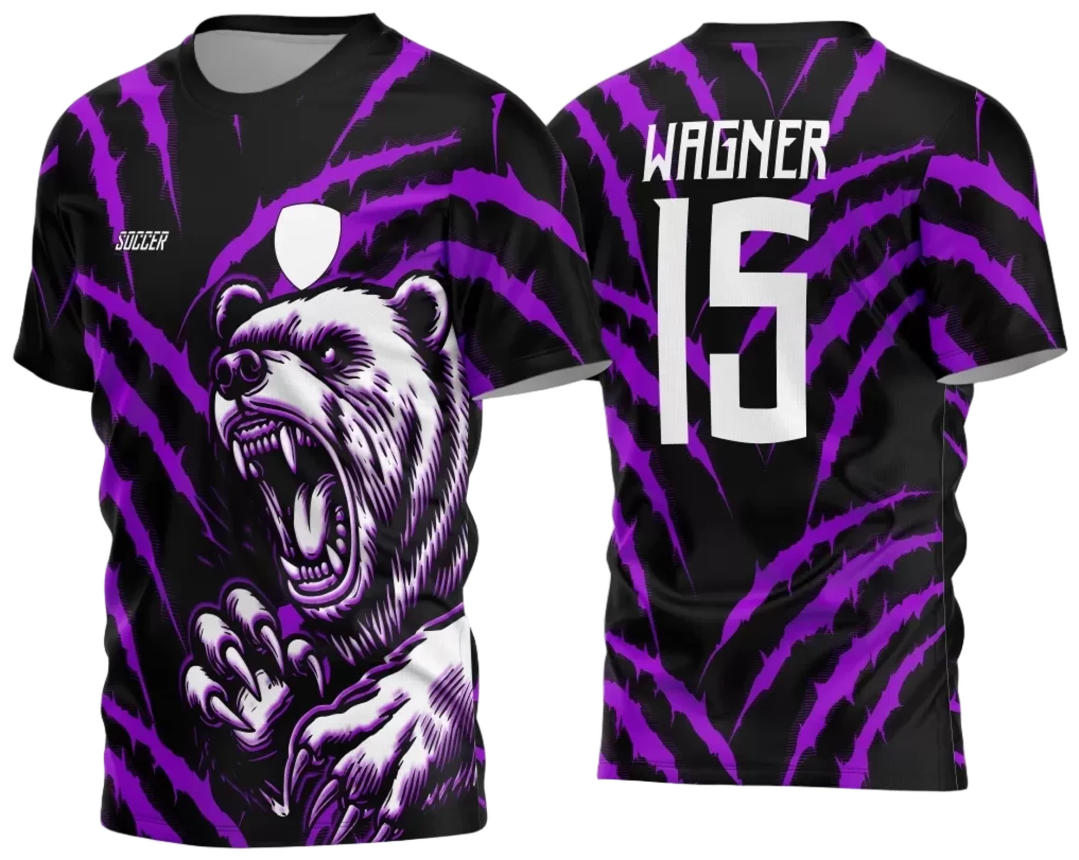 Camiseta unissex branca com logo no peito e estampa grande nas costas com tema Urso Branco da InterClasse 2024-2025, design moderno e visual marcante para eventos escolares e confraternizações.