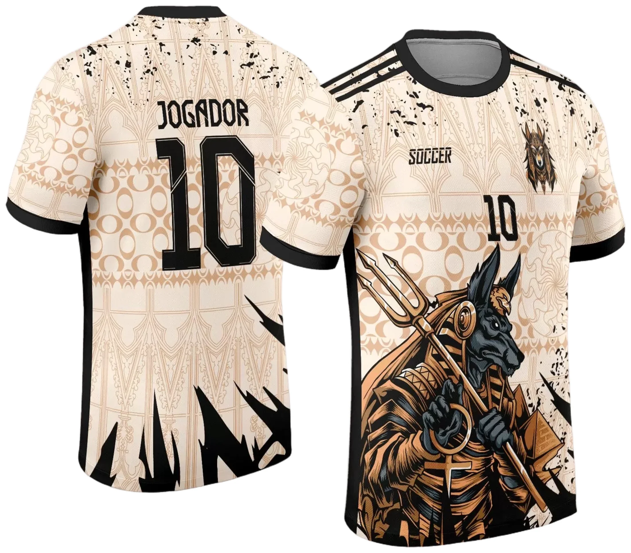 Camiseta unissex preta com logo no peito e estampa grande nas costas baseada na temática Anúbis do InterClasse 2024, perfeita para eventos e uso casual.