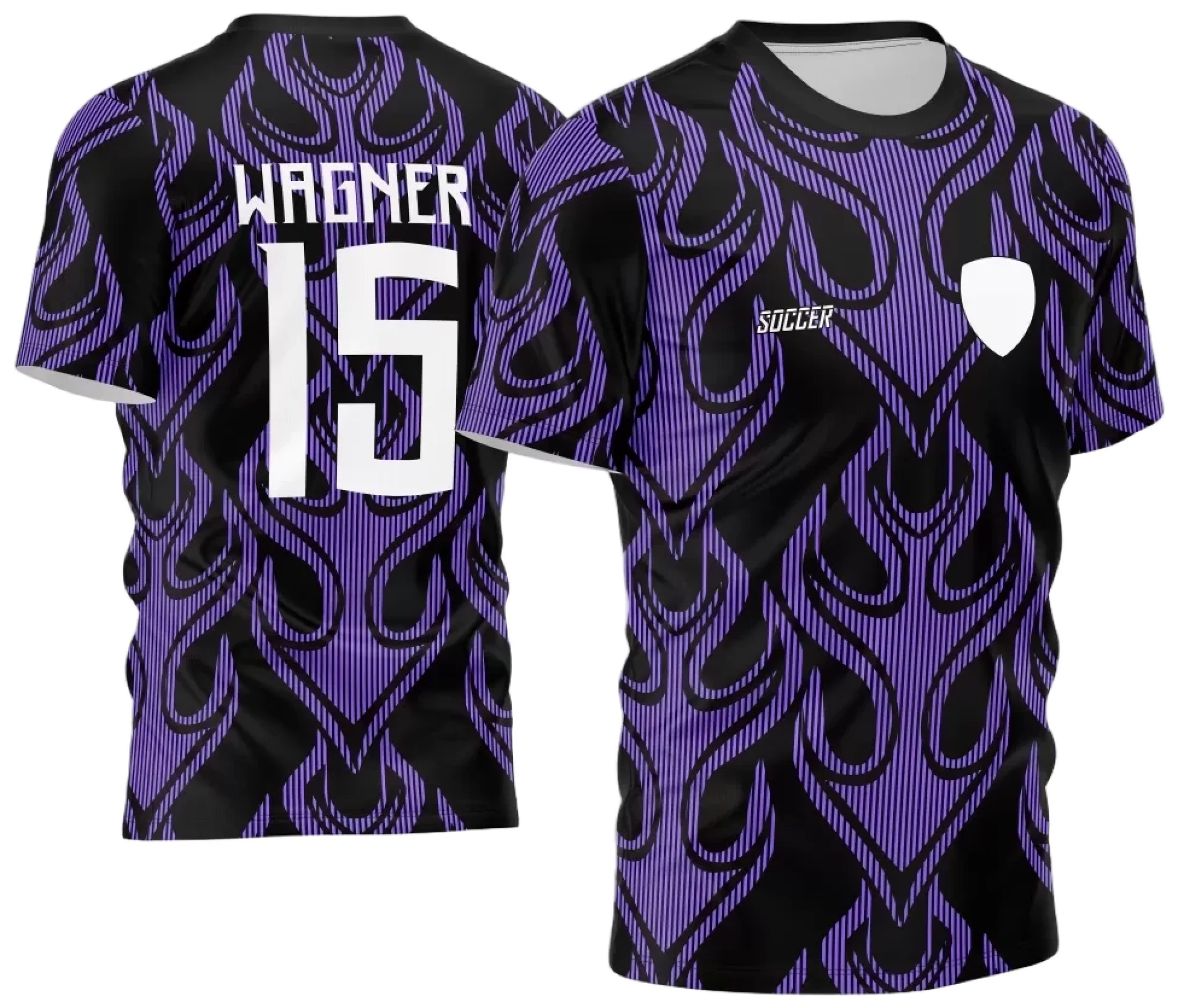 Camiseta unissex preta com logo no peito e estampa grande nas costas com chamas vibrantes representando o InterClasse 2024, perfeita para eventos e torcida.