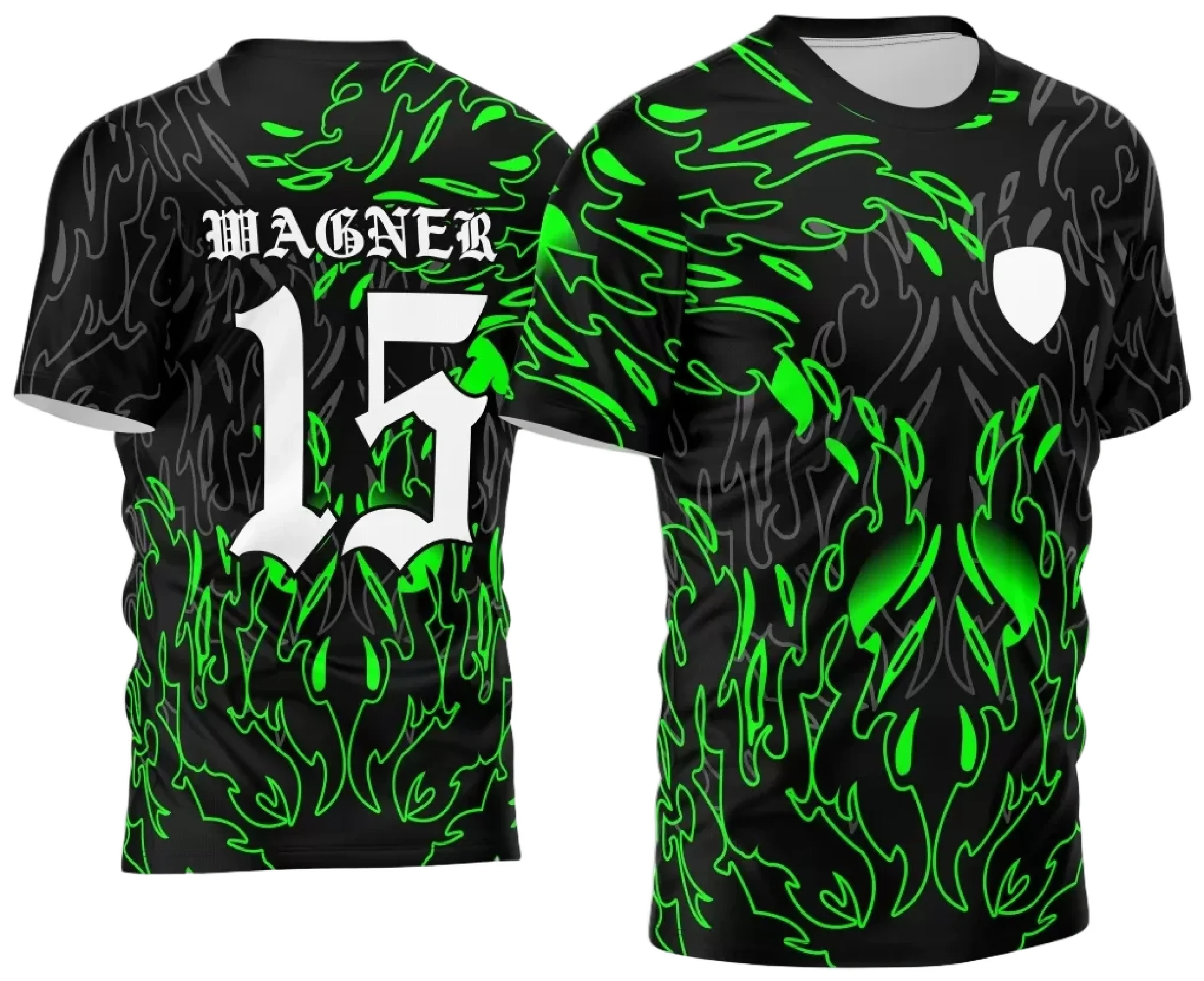 Camiseta unissex preta com logo no peito e estampa grande nas costas com chamas vibrantes em tema InterClasse 2024, ideal para quem quer destacar sua paixão e energia.