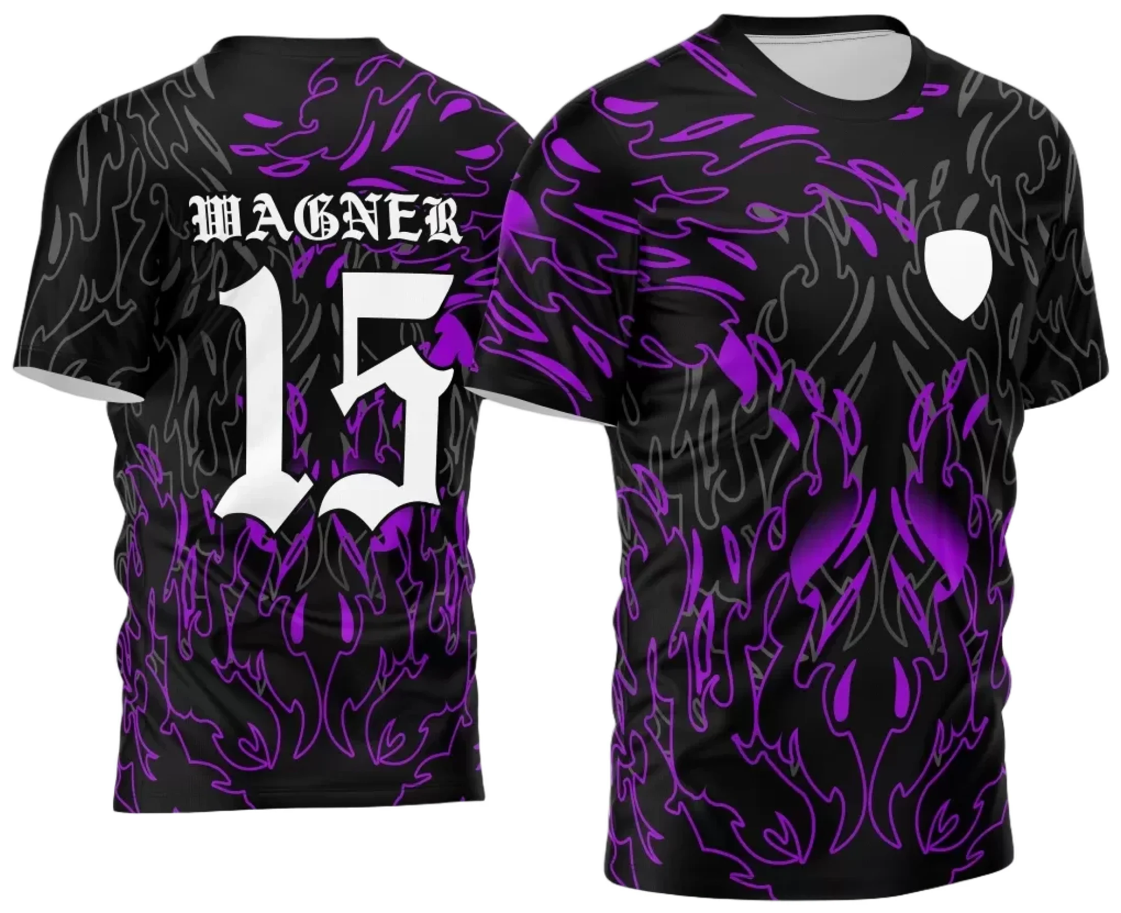 Camiseta unissex preta com logo no peito e estampa grande nas costas mostrando chamas vibrantes, tema InterClasse 2024 Chamas, ideal para eventos escolares e universitários.