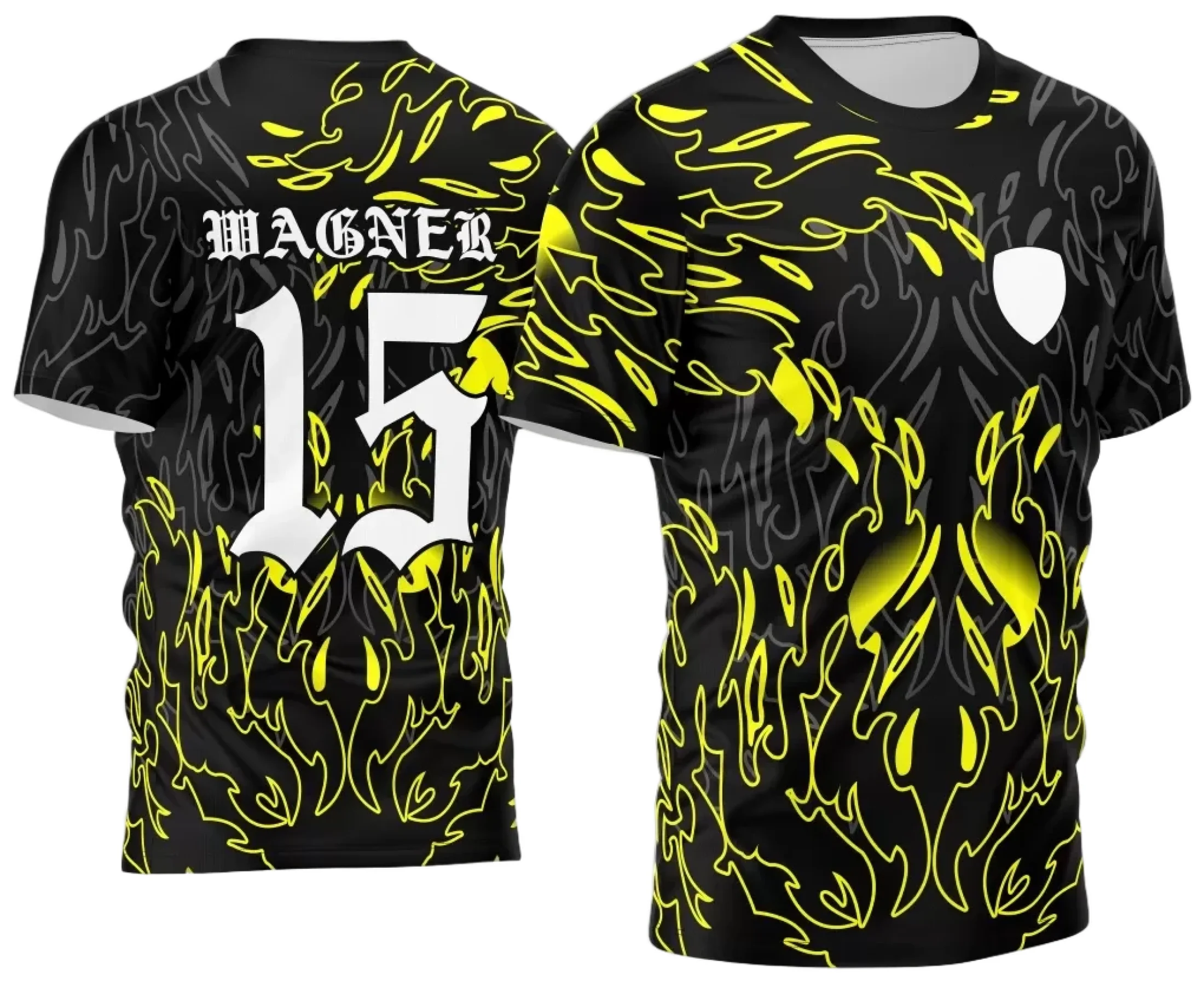 Camiseta unissex preta com logo no peito e estampa grande nas costas com visual de chamas vibrantes, representando o tema InterClasse 2024.