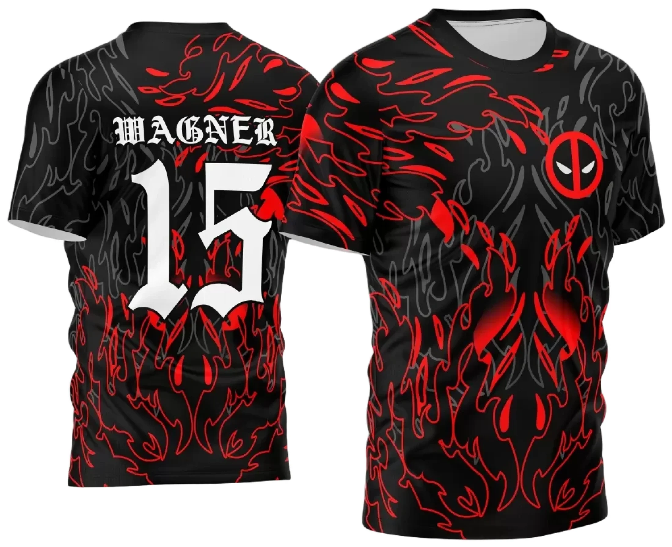 Camiseta unissex preta com logo no peito e estampa grande nas costas inspirada no Deadpool e InterClasse 2024, ideal para fãs e eventos escolares.