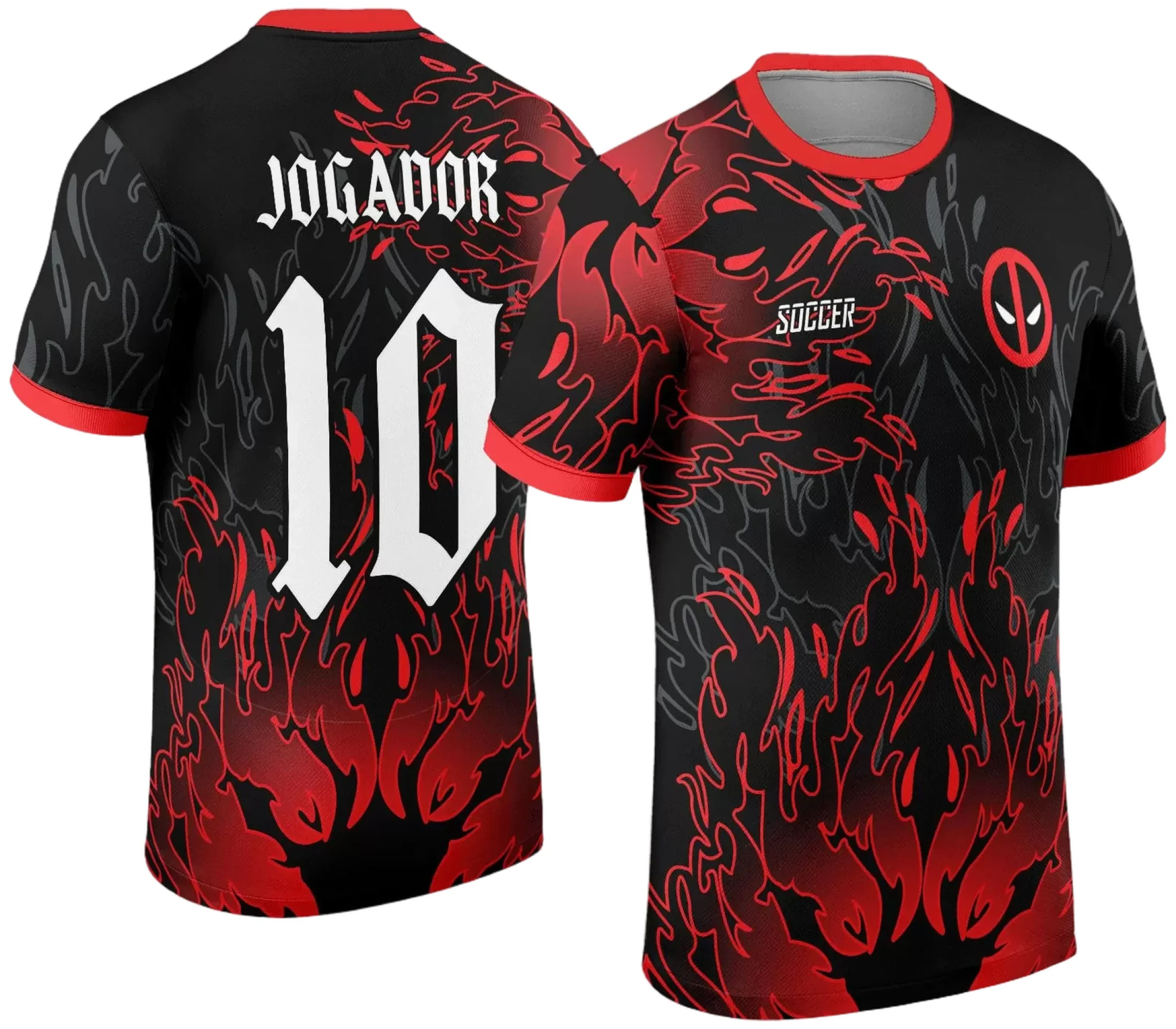 Camiseta unissex preta com logo no peito e estampa grande nas costas inspirada em Deadpool para InterClasse 2024, design moderno e atrativo para fãs do personagem.