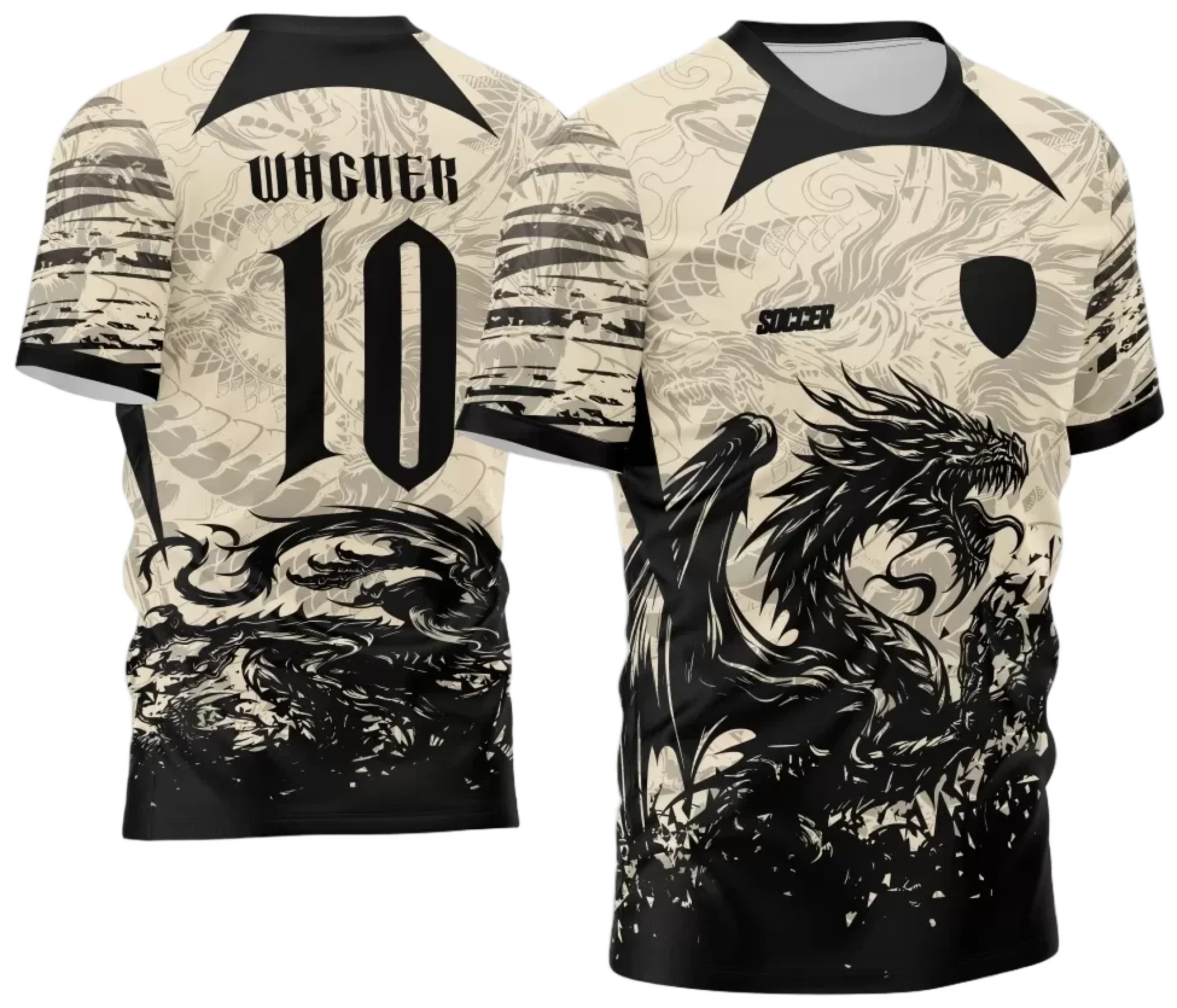 Camiseta unissex preta com logo no peito e estampa grande nas costas mostrando um dragão dinâmico no tema Camisa InterClasse 2024 Dragão, ideal para estilo moderno.