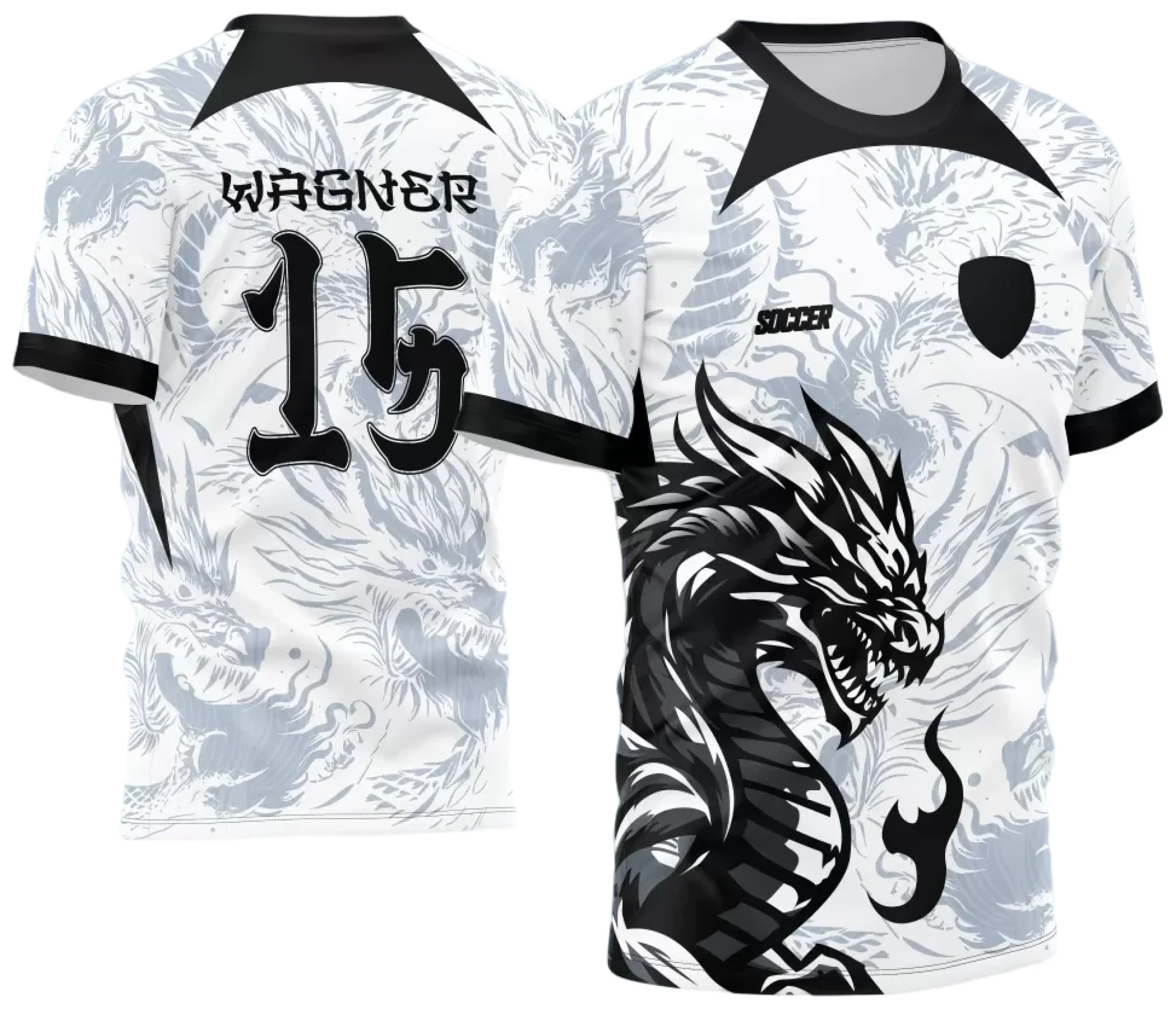 Camiseta unissex preta com logo no peito e estampa grande nas costas temática de Dragão do InterClasse 2024, ideal para estilo moderno e casual.