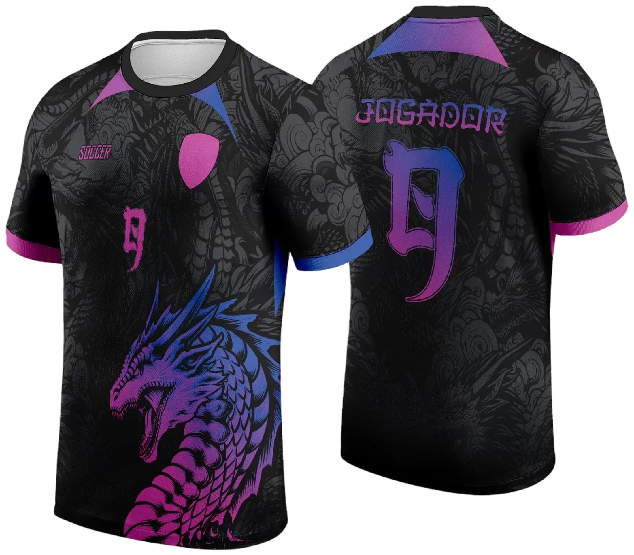 Camiseta unissex preta com logo no peito e estampa grande nas costas mostrando um dragão em degrade, tema InterClasse 2024.