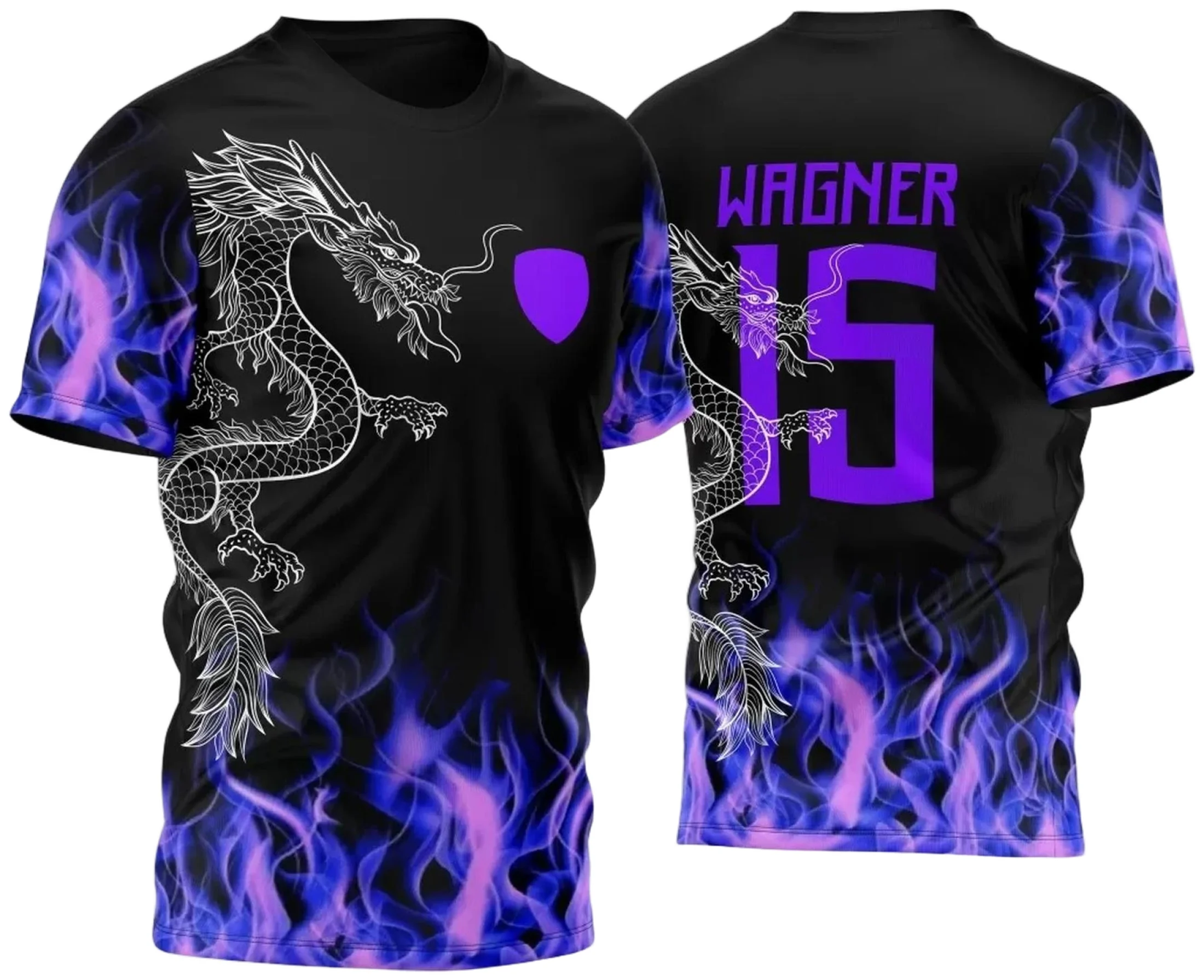 Camiseta unissex preta com logo no peito e estampa grande nas costas mostrando dragão em chamas, tema InterClasse 2024 Dragão e Fogo, perfeita para estilo urbano e eventos.