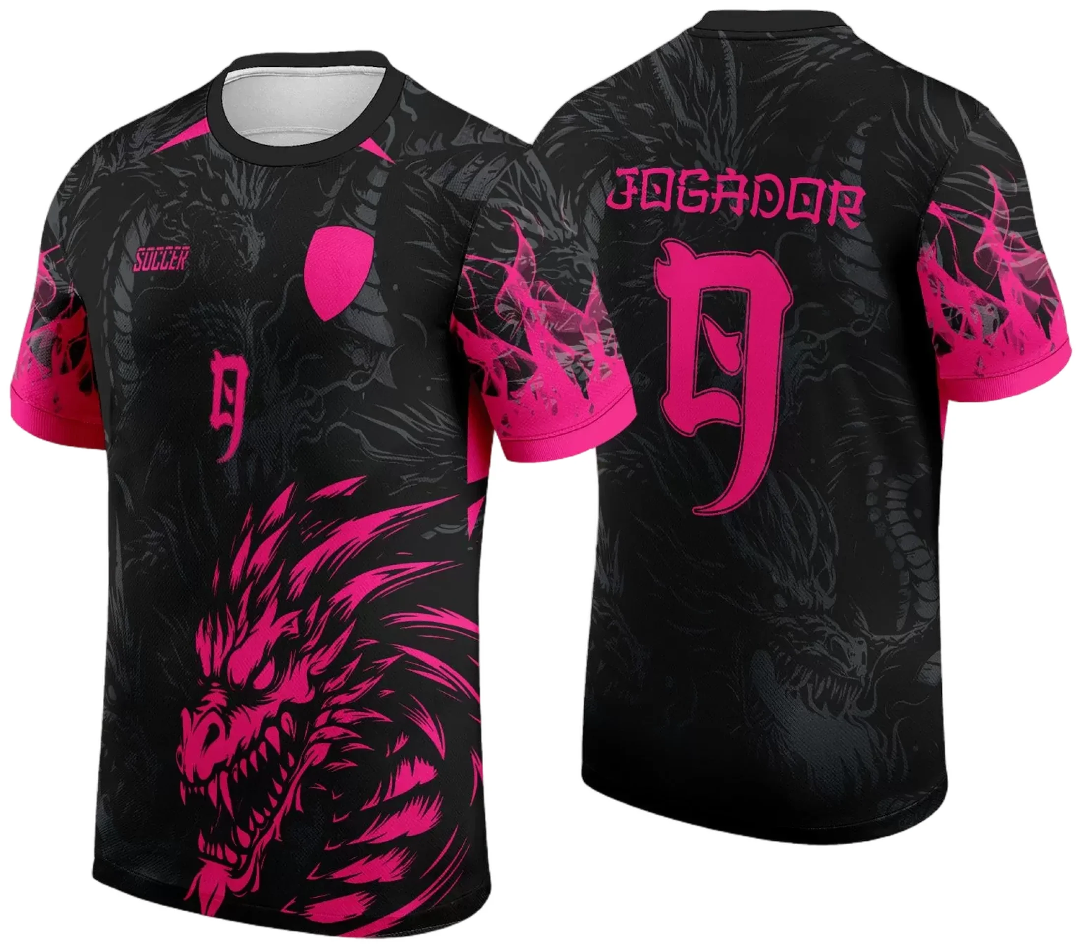 Camiseta unissex preta com logo no peito e estampa grande nas costas mostrando um dragão preto com rosa, design impactante para fãs da InterClasse 2024.