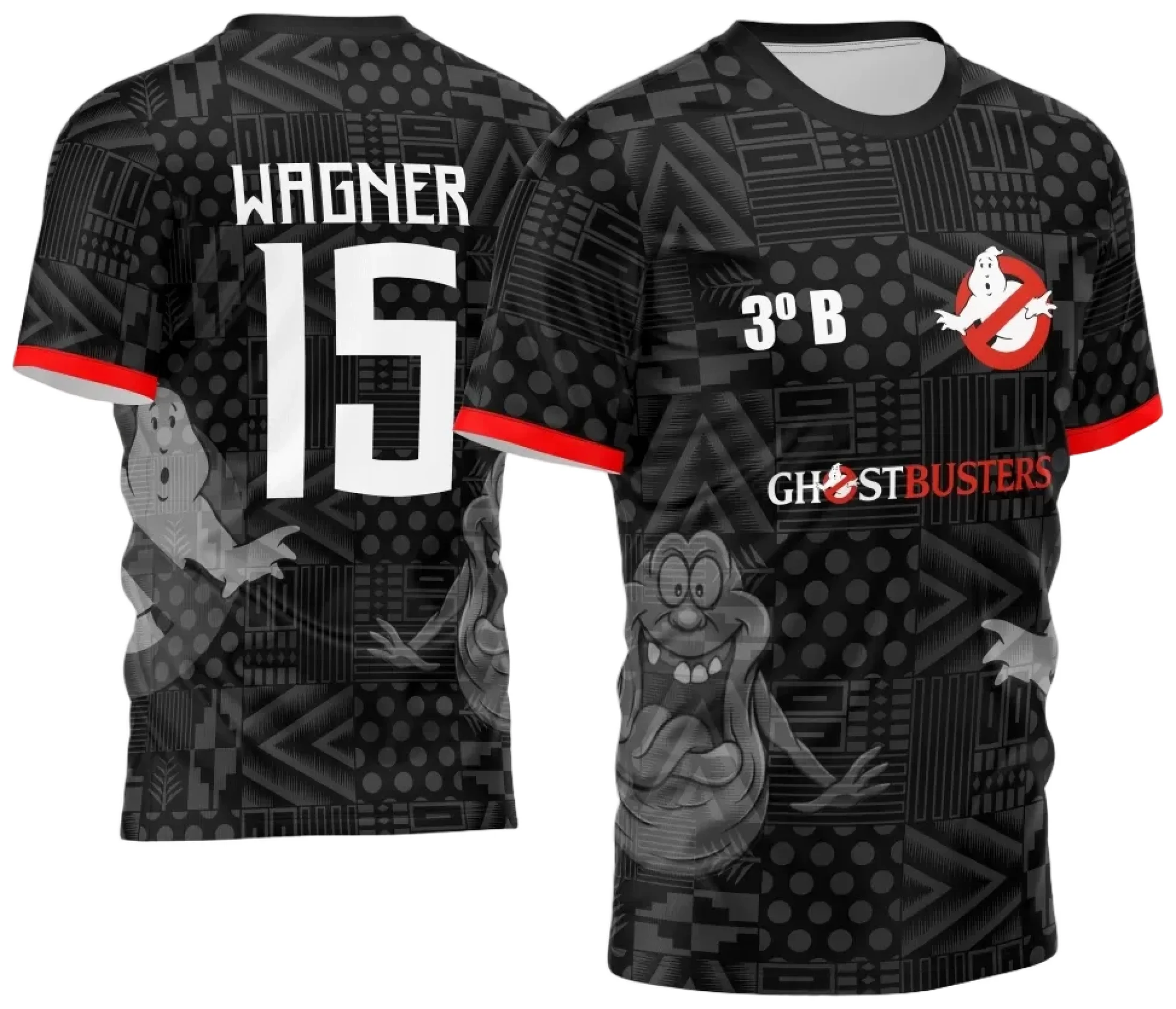 Camiseta unissex preta com logo no peito e estampa grande nas costas inspirada em Ghostbusters para InterClasse 2024, destacando visual moderno e divertido.